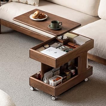 Solid Wood Side Table with Wheels, Lift Top Coffee Table with Adjustable Height, Mobile Bedside Table with Storage for Living Room, Bedroom, Dining Room, Assembled Side Table, Oak, Walnut Finish