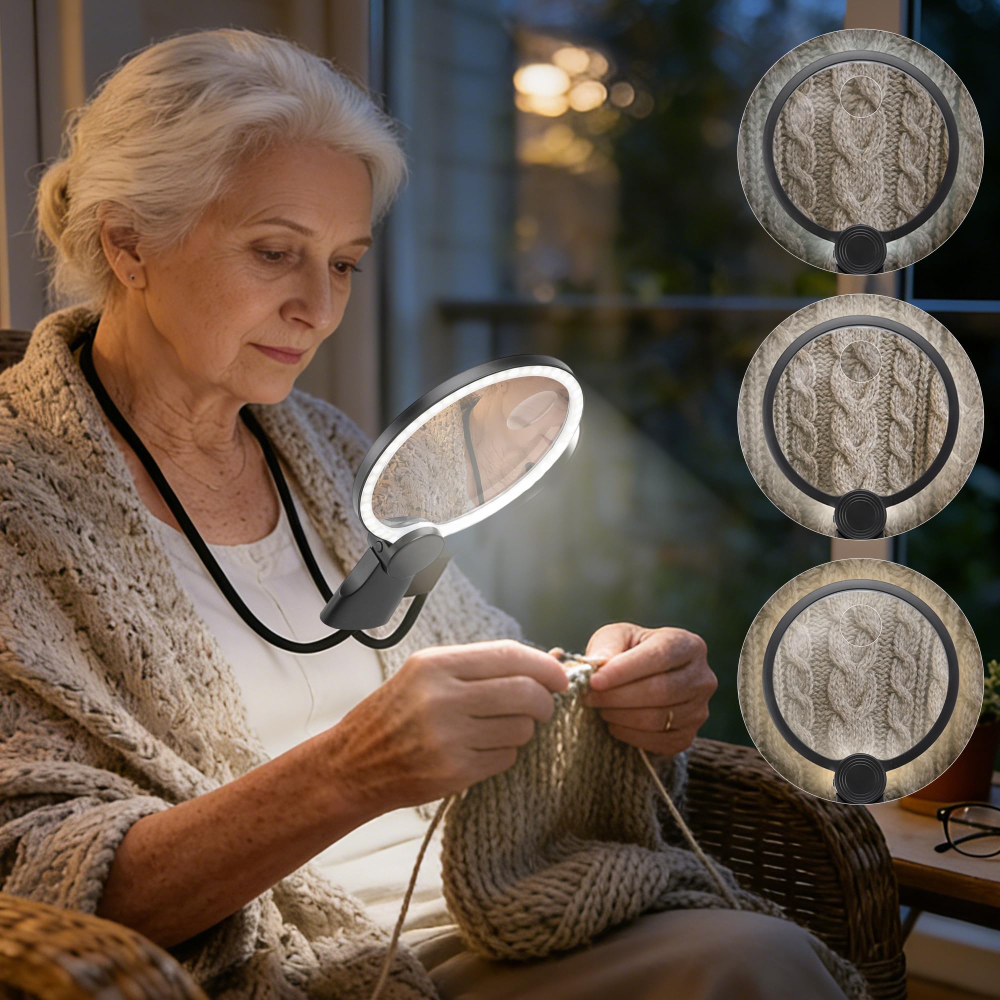 5X 10X Hands Free Magnifying Glass with Light,3-in-1 Hanging Neck Magnifying Glass with Battery,48 LEDs 3 Lighting Modes,Handheld, Neck-Worn & Desktop Use Magnifier for Seniors Reading Sewing Knitting