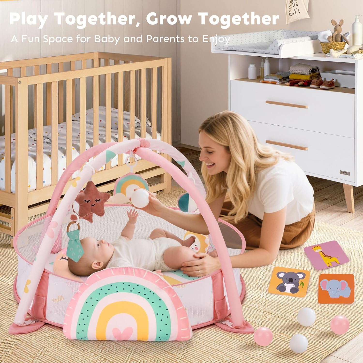 7-in-1 XL ラージベビープレイジムマット、おなかタイムマット、ベビージム&amp;ボールピット、マイルストーンカード付きベビ