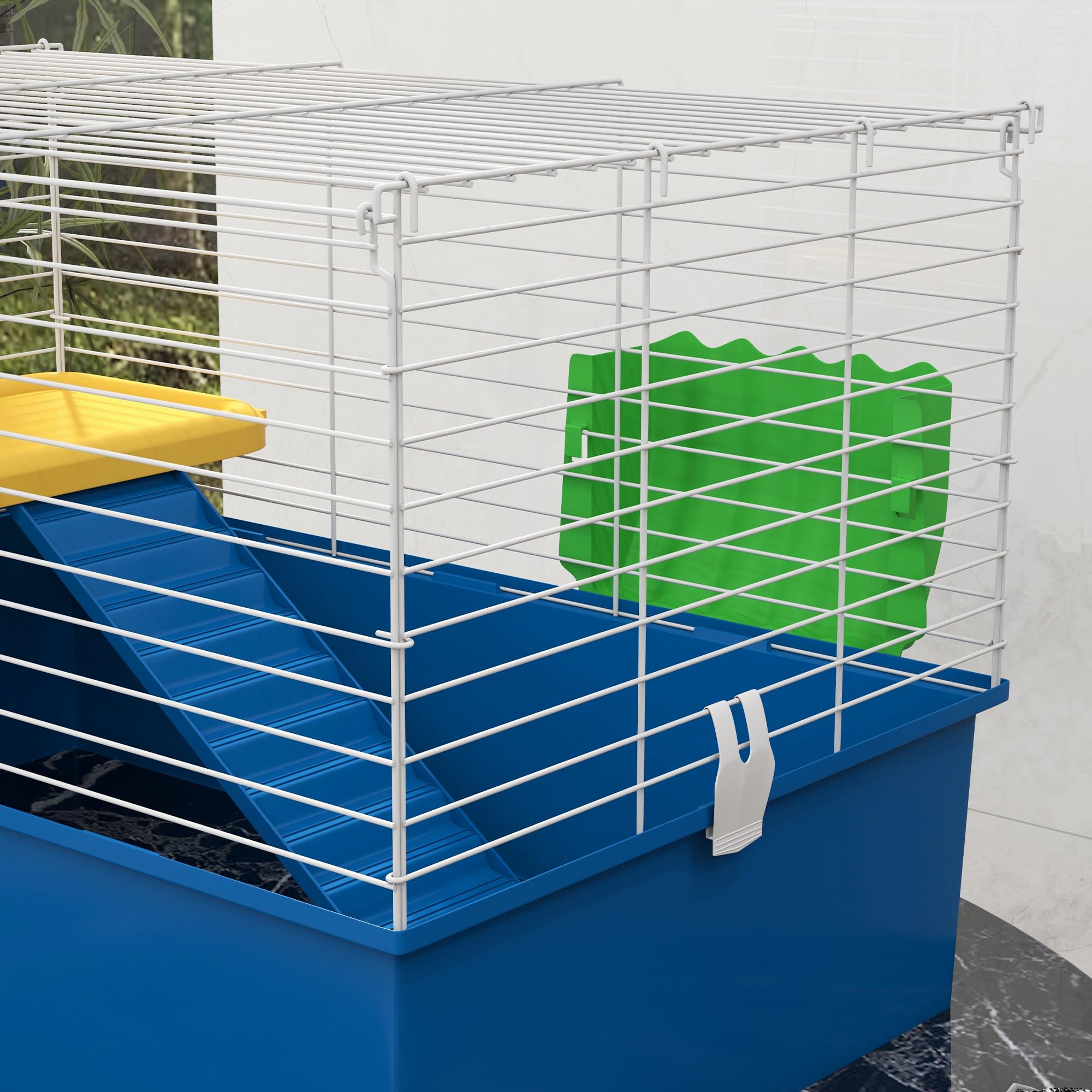 PawHut Jaula para Hurones con Bandeja Inferior Jaula para Animales Pequeños con Plataforma con Rampa Comedero y Bebedero Recinto para Conejos Pequeños Chinchillas Cobayas 71x46x47 cm Blanco y Azul