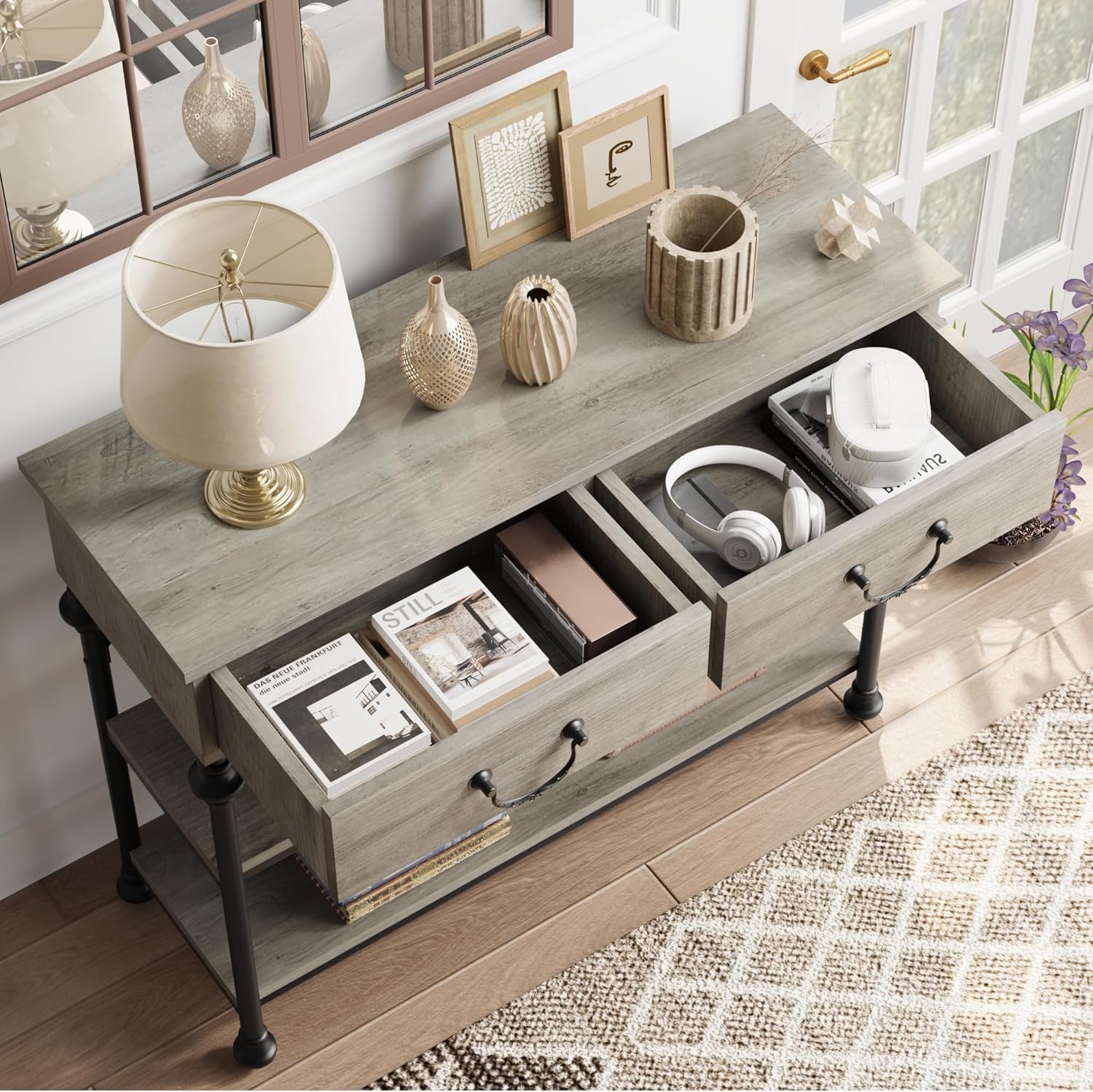 GarveeHome Mesa Consola Estrecha Moderna con 2 cajones y estantes – Estilo Columna Romana, Patas Calabaza – para recibidor, salón, Pasillo o detrás del sofá – Estructura Robusta – Color Gris
