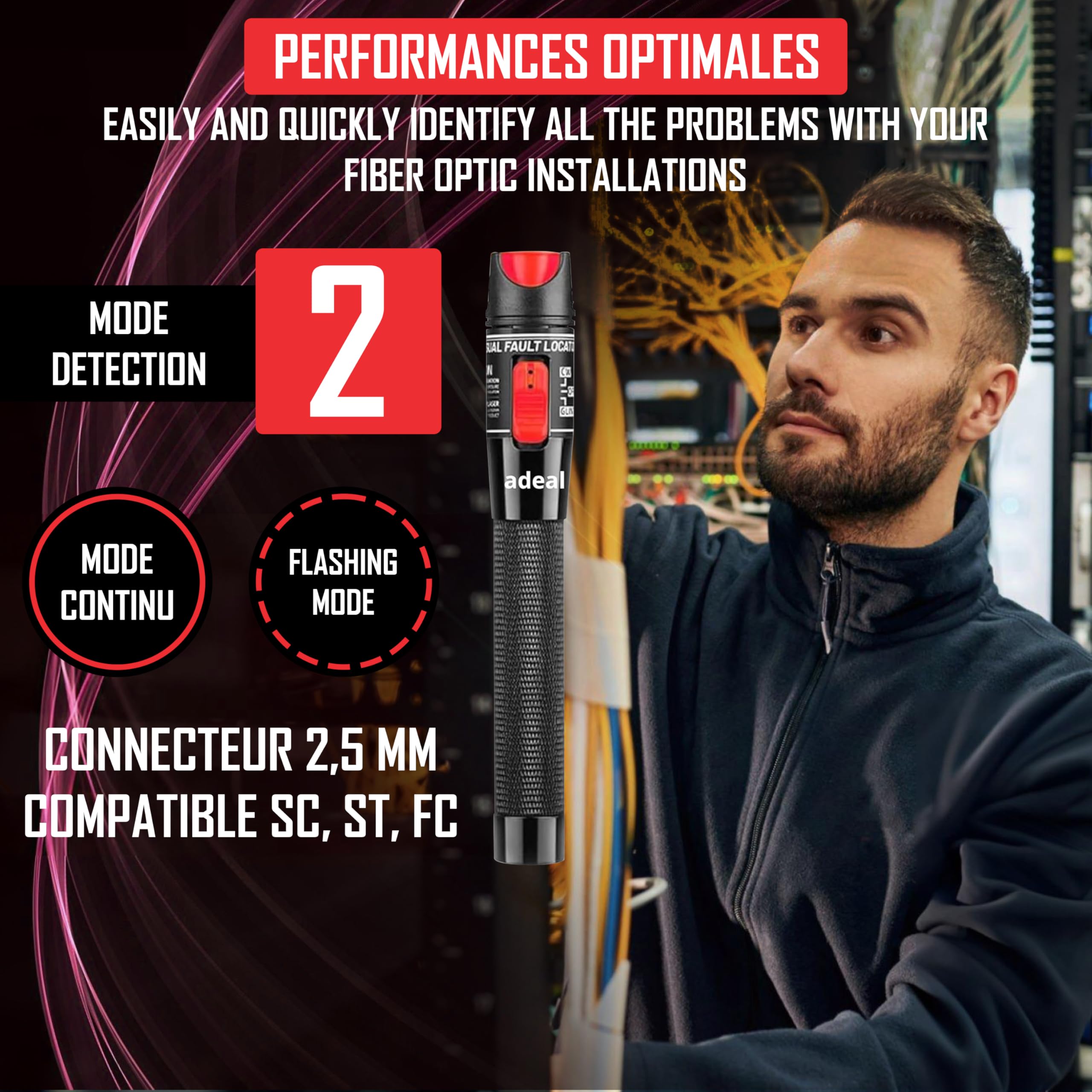 Kit Testeur Fibre Optique VFL - Localisateur de Défauts Visuels 50 km, Stylo Lumineux Laser Fibre Optique 50mW pour Test de Câble Réseau, avec Adaptateur Monomode 9/125 um FC Mâle vers LC Femelle.
