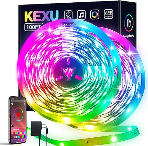 Tira de luz LED de 100 pies, tira de luces LED RGB que cambia de color, tira de luces LED inteligentes con Bluetooth APP sincronización de música,