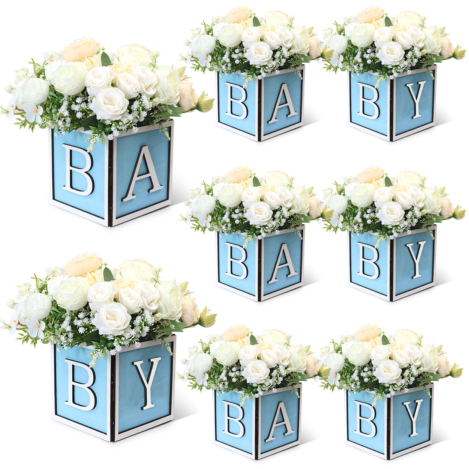 Photo 1 of Acmee 8 Set Baby Shower Centerpieces for Tables - 6 inch Wooden Boxes with Baby Letters Rustic Cube Planter Wood Blocks for Gender Reveal Party Favor (Blue)