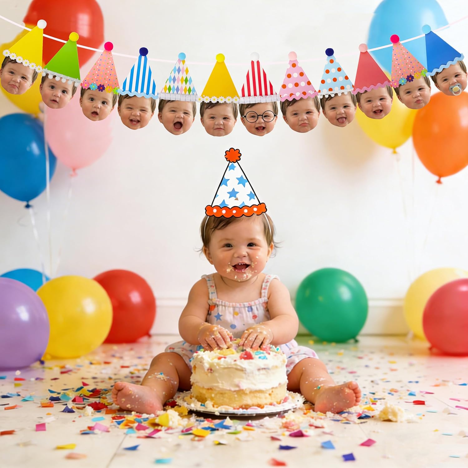 DIY 1st Birthday Baby Face Banner Craft Kit – Personalized Photo Garland for Girl or Boy – Includes 12 Triangles & Decorations (Need to Print Photos & Assemble)