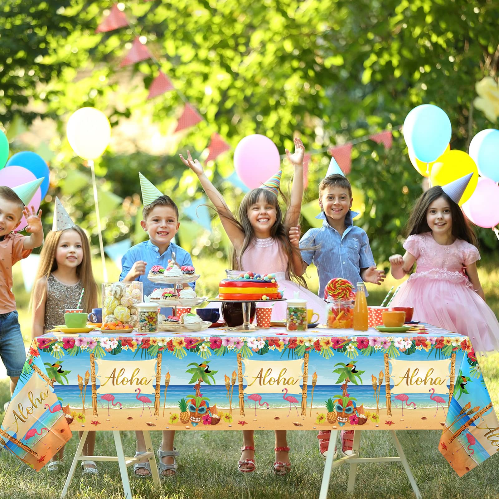 6 Pack Summer Beach Plastic Tablecloths – Hawaiian Luau Theme, 54x108 Inch, Flamingo & Surfboard Design