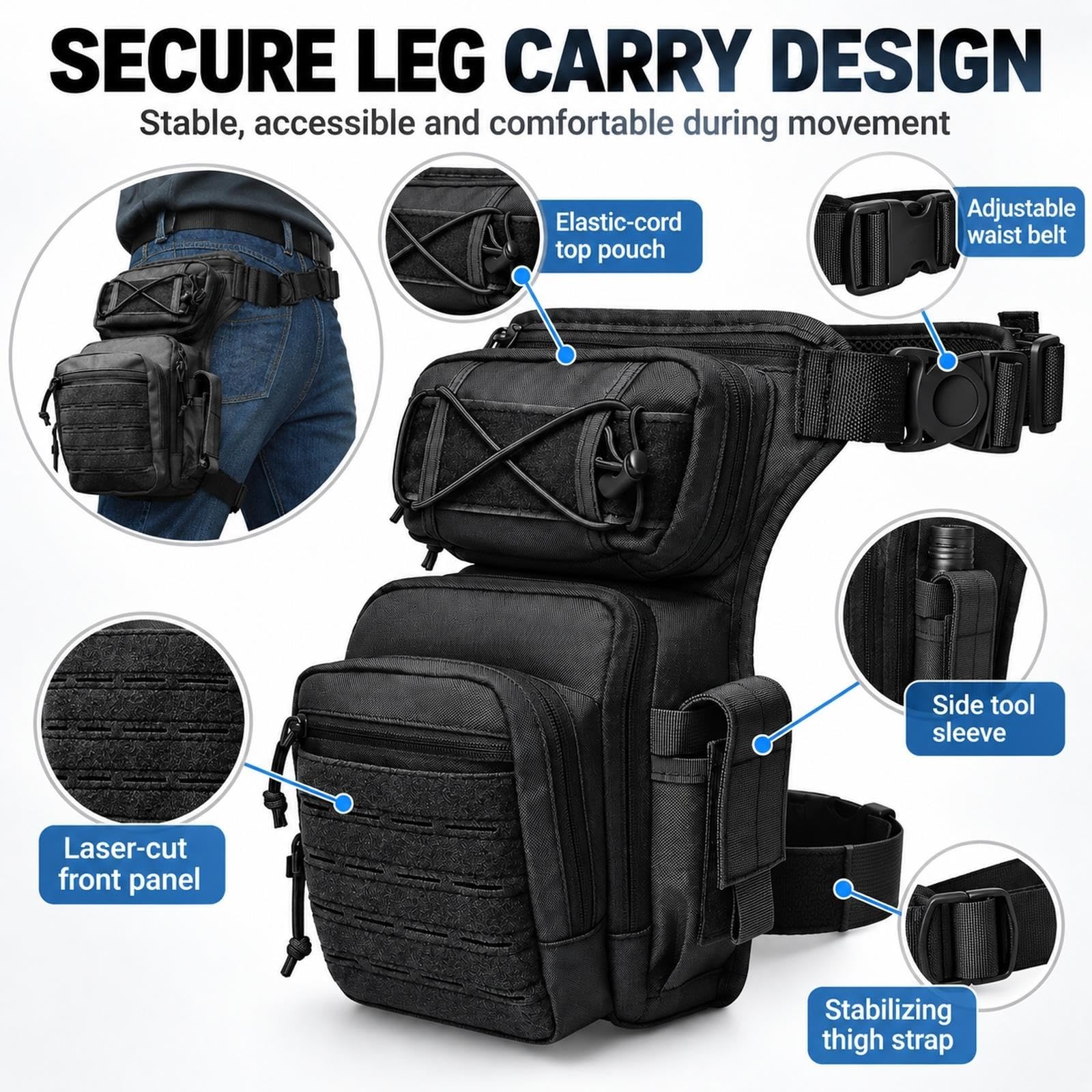 Bolsa de Muslo de Nylon 1000D + Riñonera Táctica, Set de 2 Piezas Outdoor