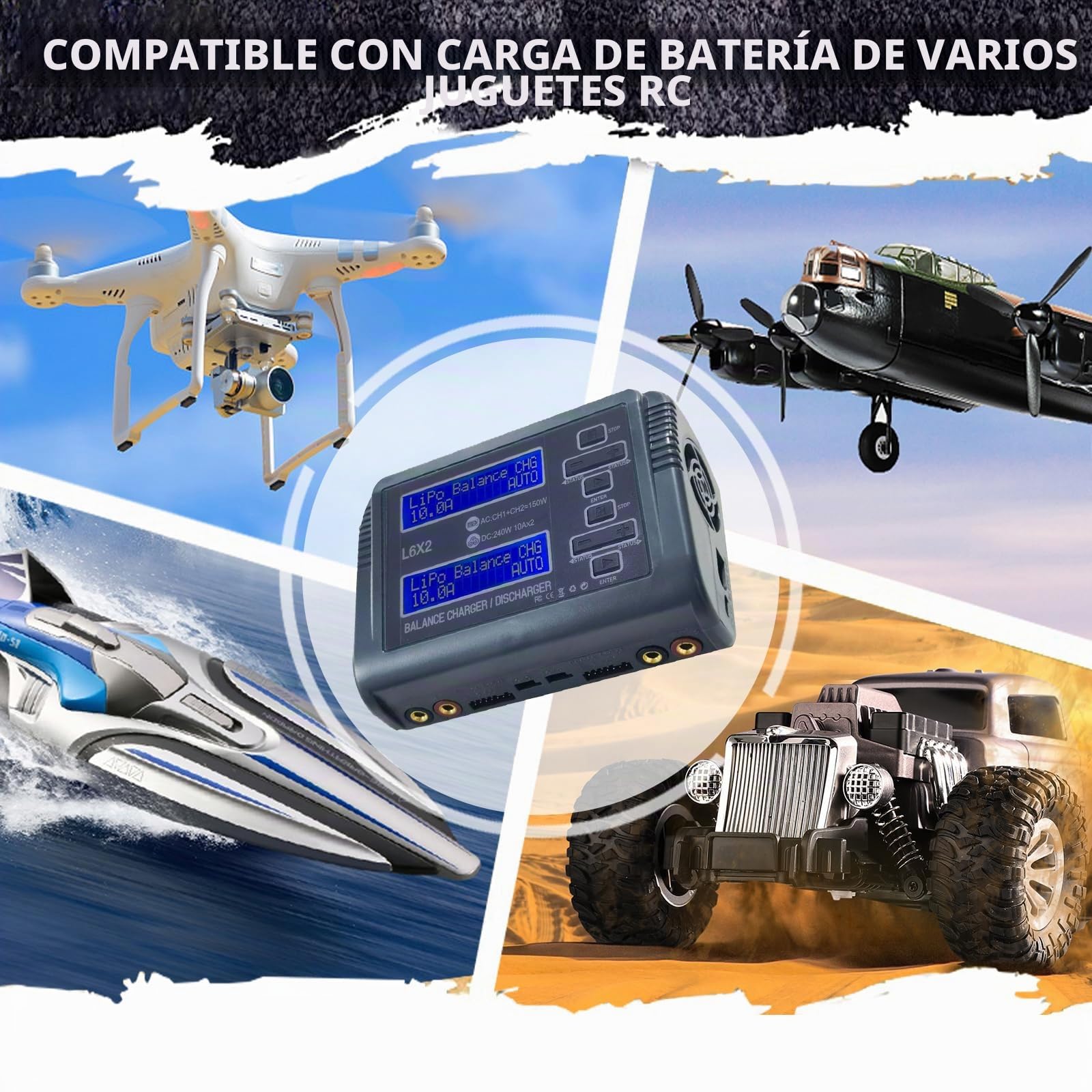 Cargador de Equilibrio de batería de polímero de CA/CC Puertos de Carga duales Potencia de Carga Ajustable Compatible con baterías de polímero de Litio 1-6S Adecuado para 1/10 RC Car Drone