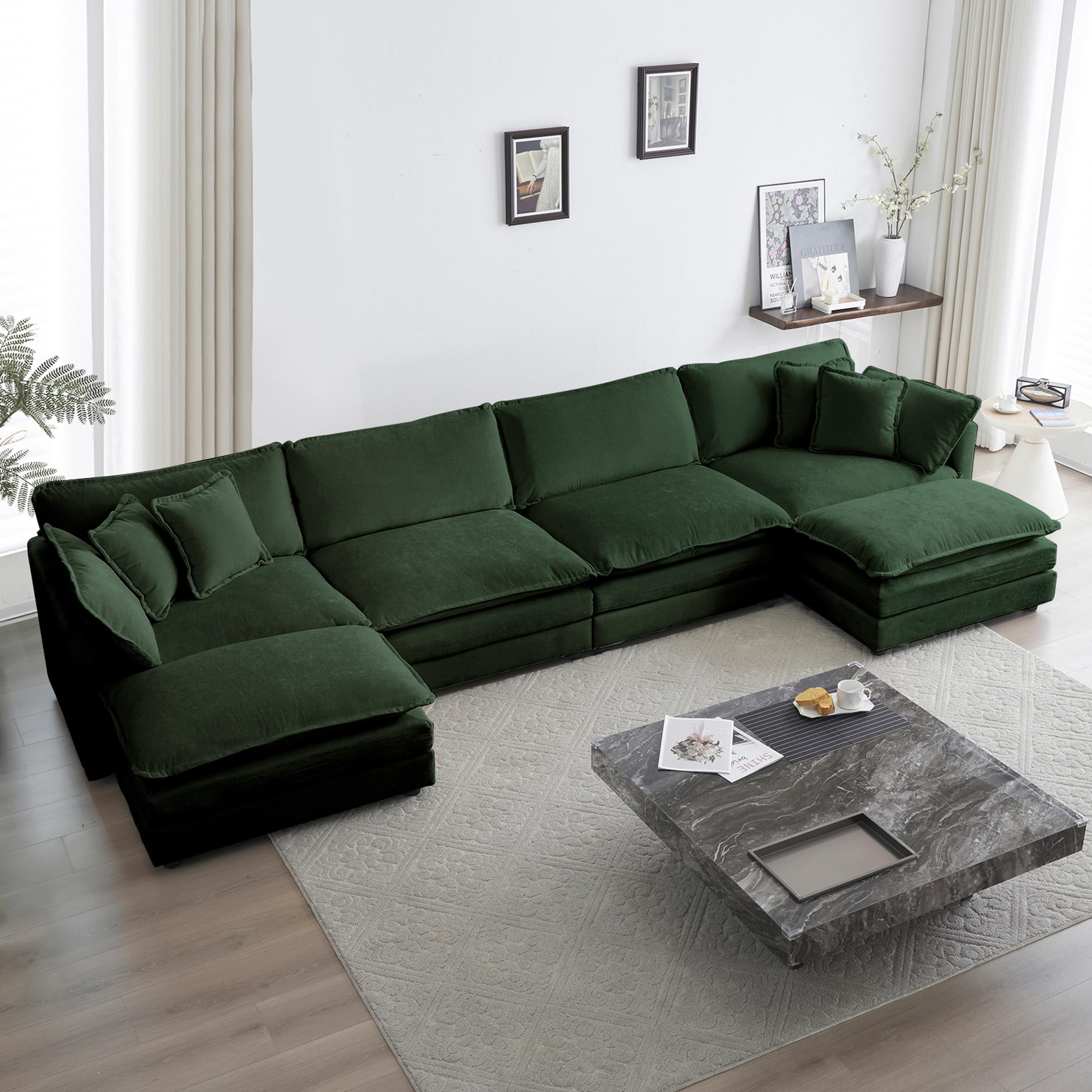 Tmsan 146.5" Oversized U Shaped Sectional Sofa with Double Cushions & Movable Ottoman, Modern 6 Seater Cloud Modular Couch for Living Room, Dark Green