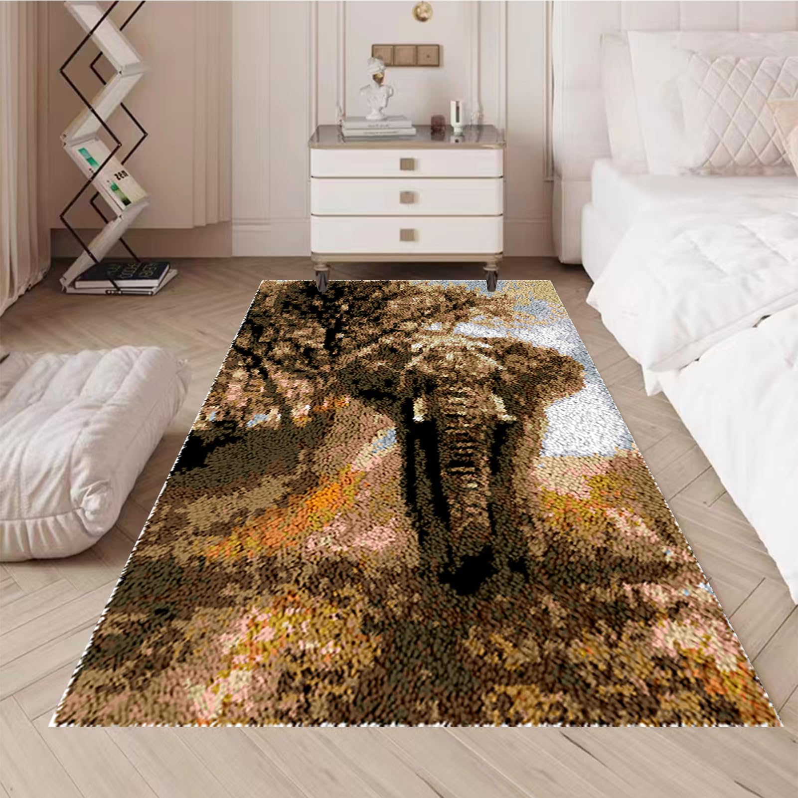 Tapis De Crochet À Point Noué Éléphant Fantastique Et Lunekit De Broderie À Nouer Soi-Même Fait À La Main,Kits De Tapisserie Diy Pour Coussins Adultes,Grand Tapis À Crochet De Loquet,Mo 31x45in