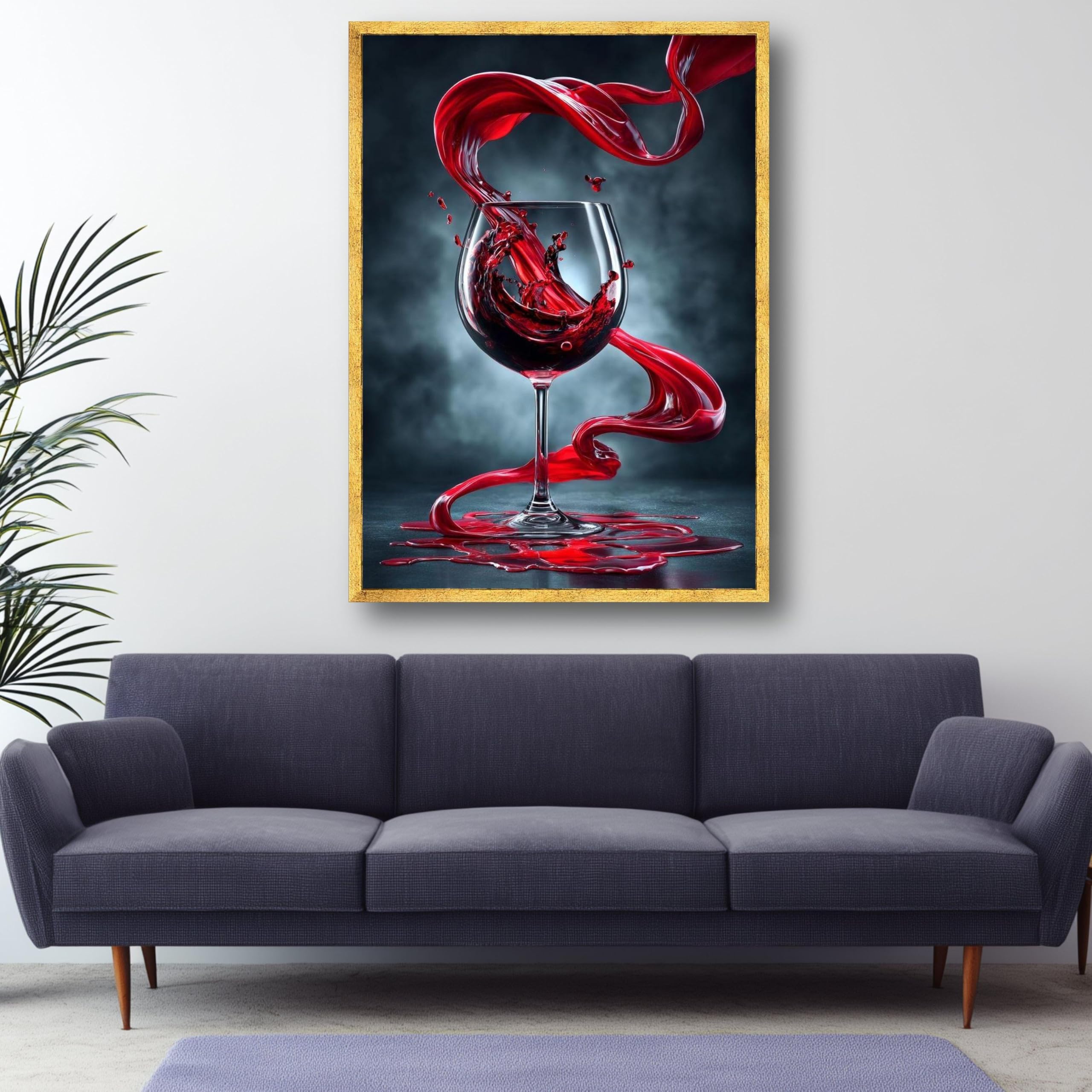 Cuadro al óleo con salpicaduras de vino tinto sobre lienzo, impresión abstracta de copa de vino sobre lienzo, pintura al óleo para sala de estar, decoración de pared del hogar (70x100cm/marco interno)