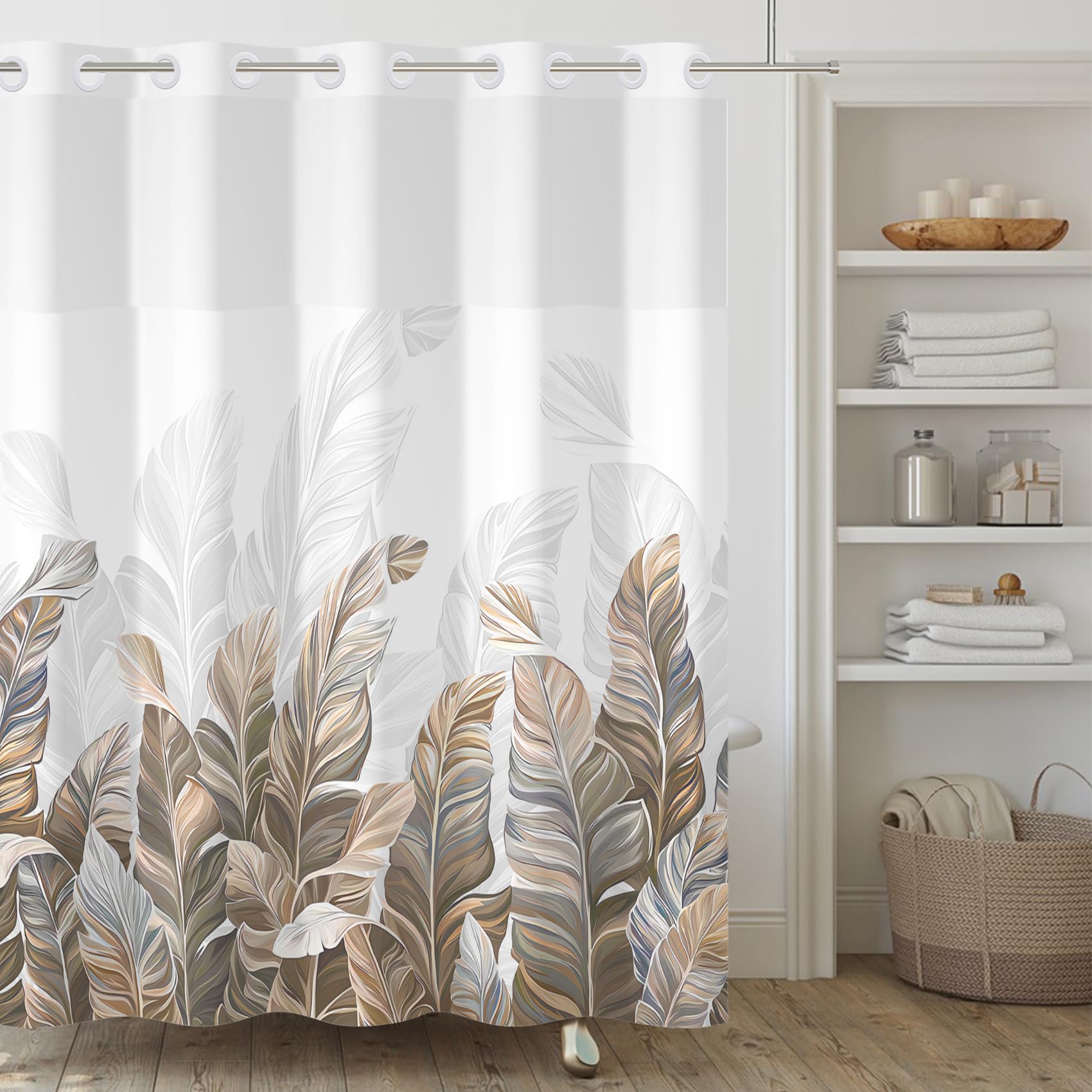 Photo 1 of Yanutan No Hook Shower Curtain,Brown Leaves Double-Layered Shower Curtain with Snap-in Liner and Weights,Brown Plants White Fabric Bath Curtain with See Through Mesh, 71x74in