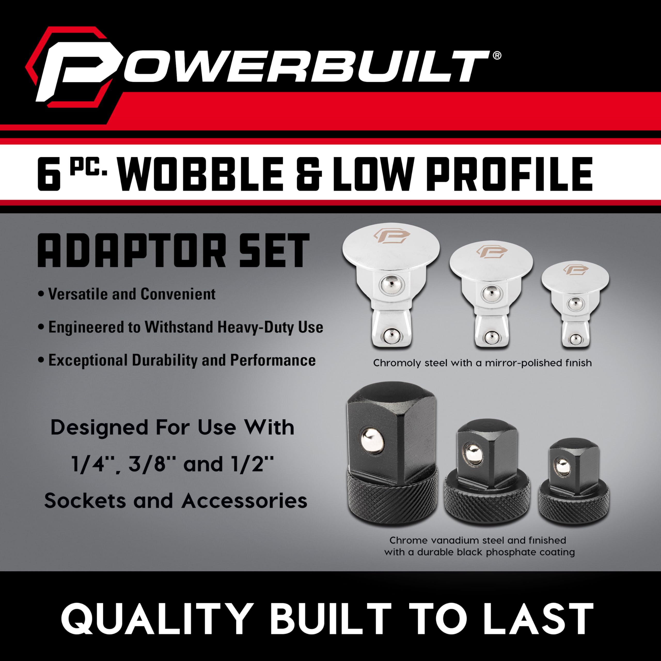 Powerbuilt 6-częściowy zestaw adapterów do kluczy i niskoprofilowych adapterów nasadowych, gniazda do klucza płaskiego, wymienne 1/4 cala, 3/8 cala, napęd 1/2 cala, zaprojektowane tak, aby pasowały do