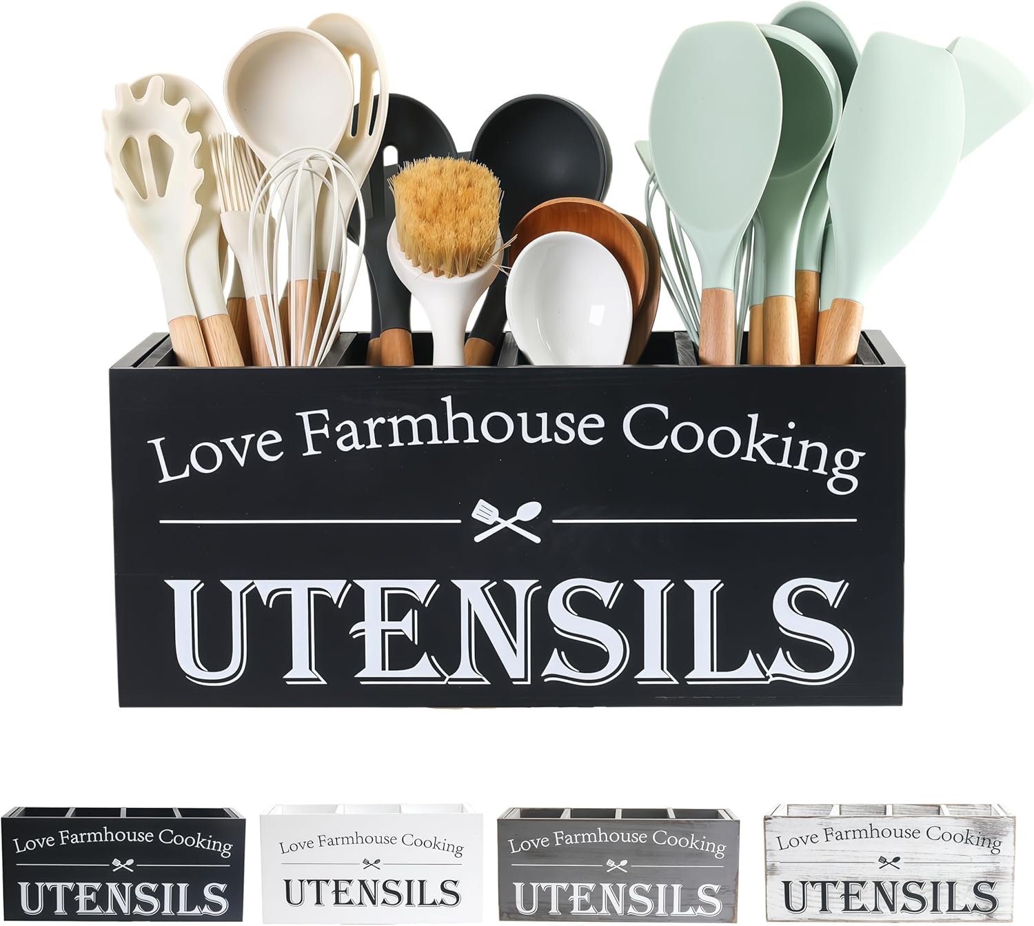 LIBODOUR Utensil Holder,Kitchen Utensil Holder For Kitchen Counter,Extra Large Cooking Spatula Organizer,Farmhouse Wooden Big Storage With 4 Compartments Rustic Flatware Spoon Tool Organizer （Black）