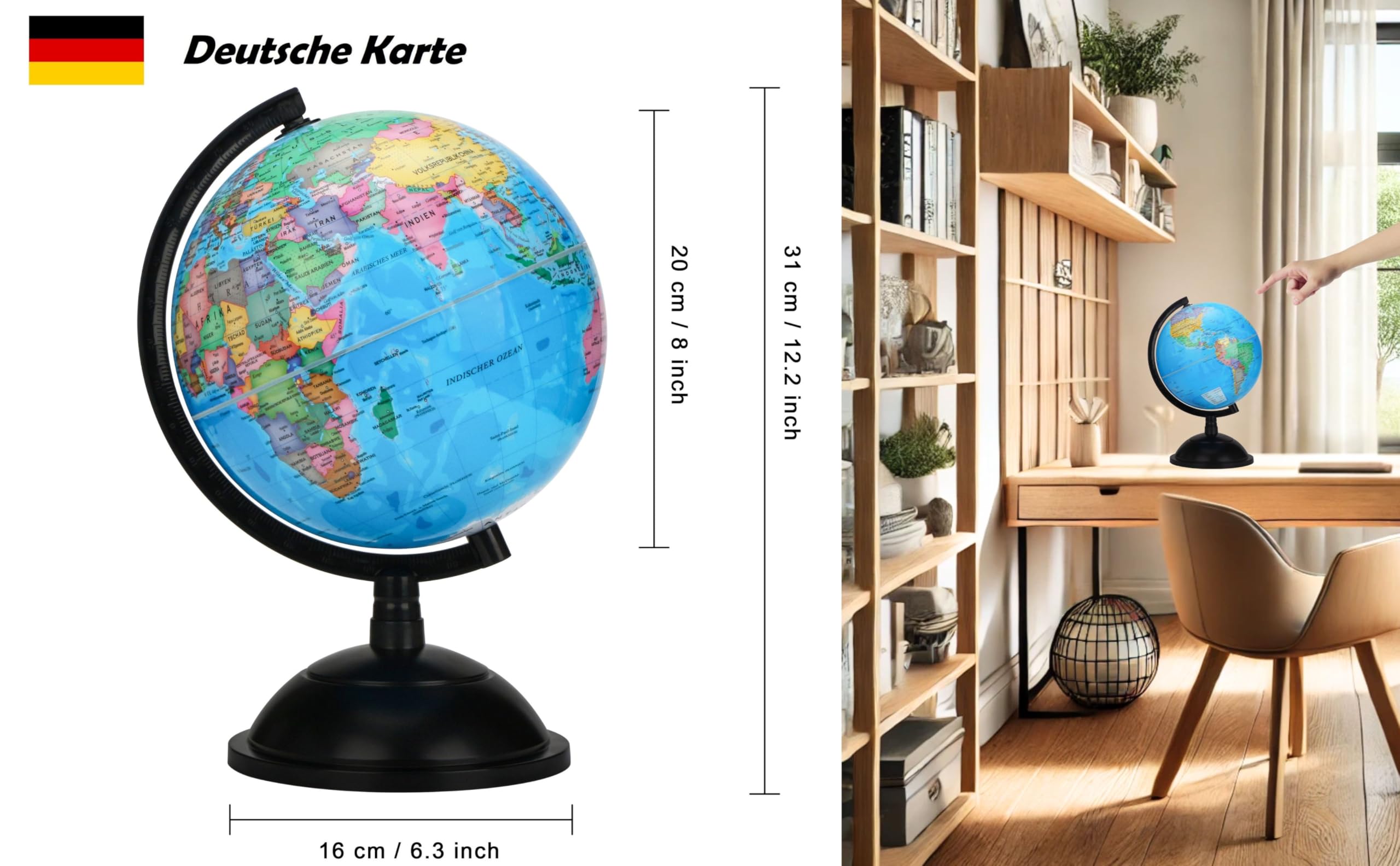EXERZ Schülerglobus 20cm Deutsche Karte Drehbarer Globus Kinder Lernen | Politische Weltkarte auf Deutsch mit stabilem Standfuß für Schule Zuhause Büro Regal und Geografie
