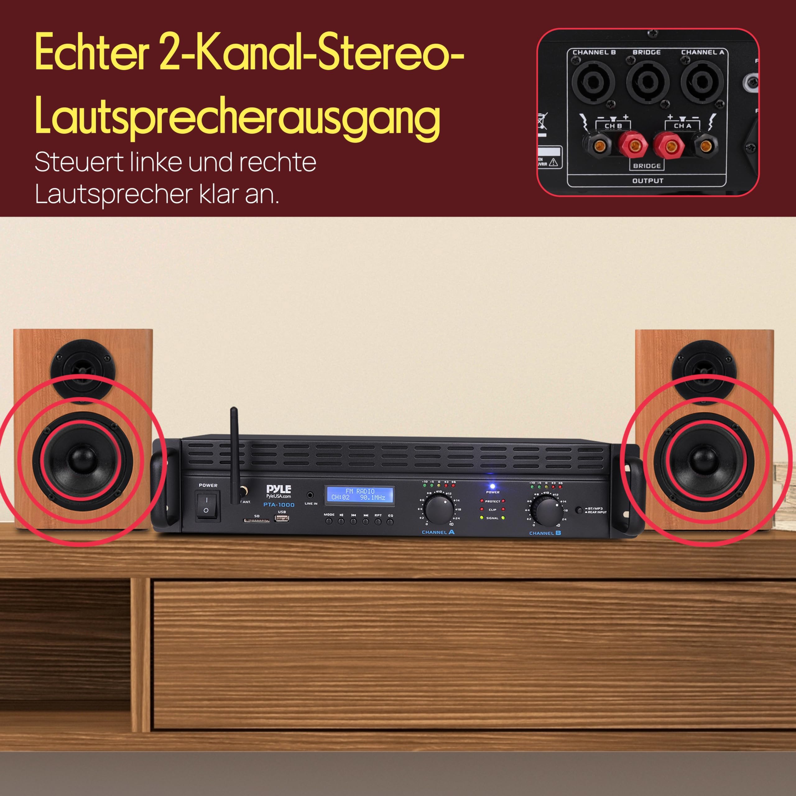 Pyle Verstärker 2 Kanal mit Bluetooth, 2000W, Rackmount Pa Endstufe, XLR, RCA, TRS, USB, Brückenmodus, Lüfter für Hobby-DJs, Veranstalltungen