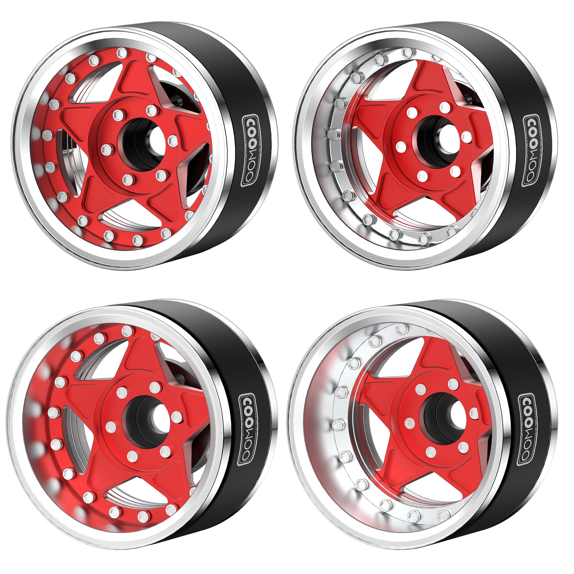 COOWOO RC Wheels Upgrade Parts, 1.9 in Beadlock Wheels Adjustable Offset for 1/10 TRX6 TRX4 or SCX10 RC Trucks, Made of Aluminum Alloy, Pentagon-Shaped, Set of 4, Red