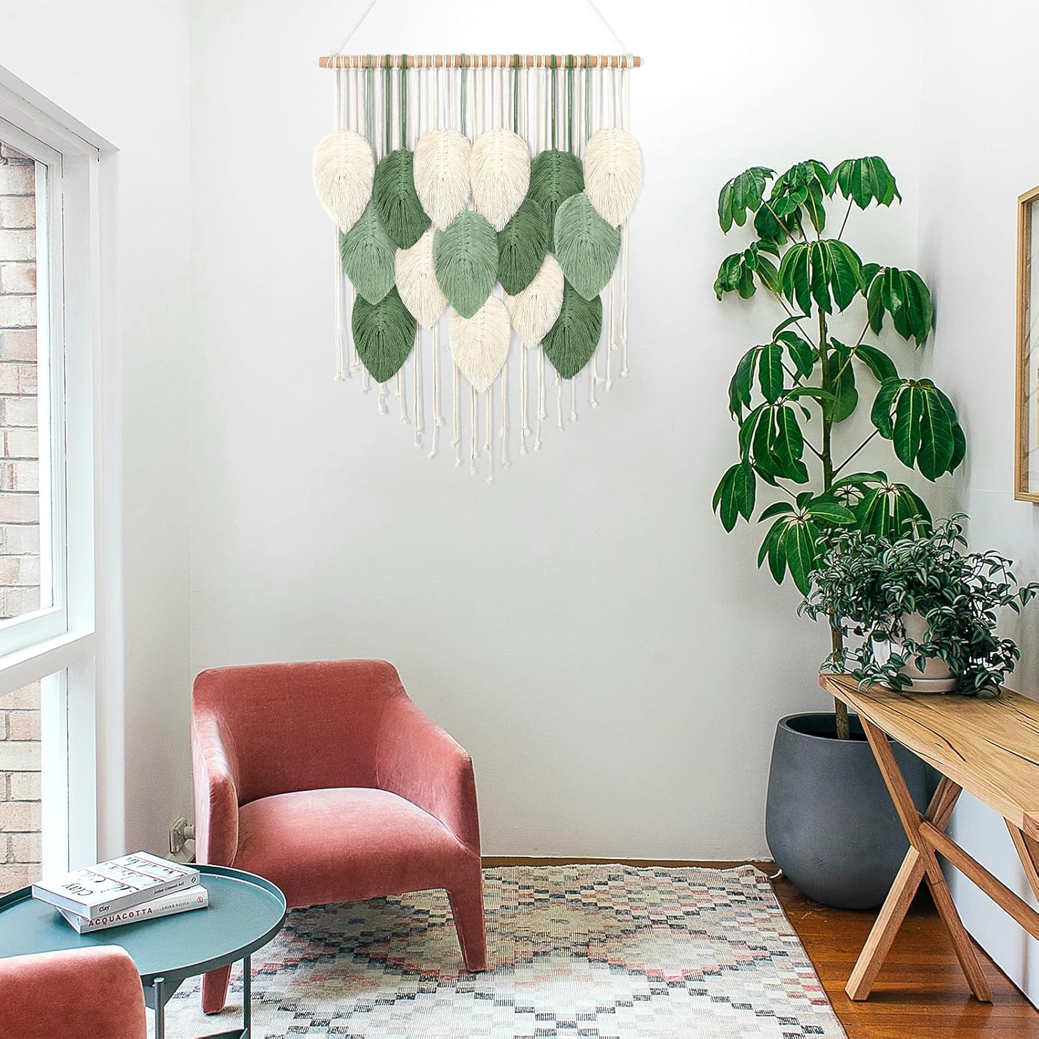 Weldomcor Macrame Wall Hanging, Boho Leaves Macrame Tapestry Wall Decor Handmade Green Woven Hanging Decor Chic Bohemian Wall Art Home Decoration for Bedroom Living Room Nursery Office 23.6"W x 29.5"L