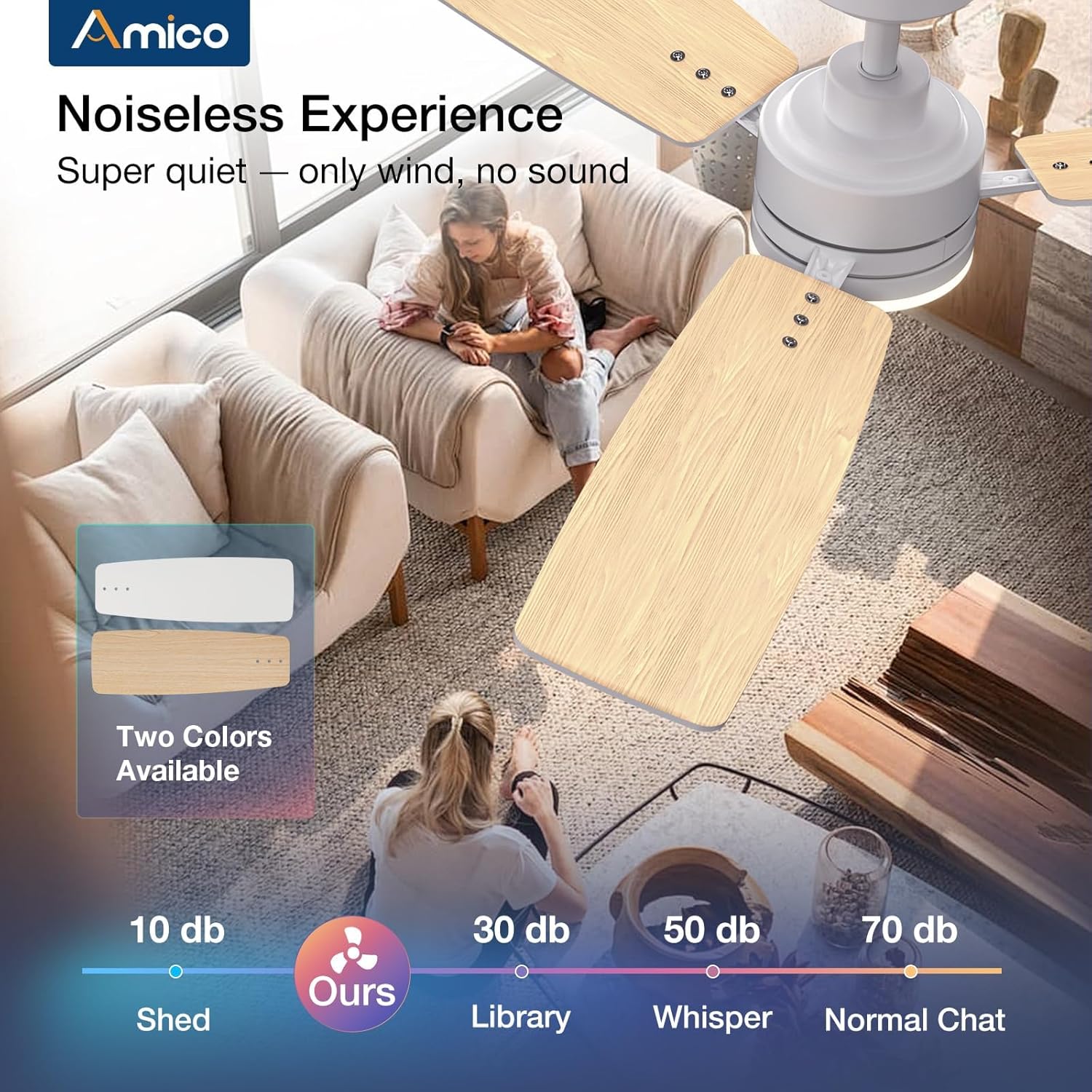 Amico Ceiling Fans with Lights, 52 Inch Ceiling Fan with Light and Remote Control, White Fan, Reversible, 3CCT, Dimmable, Noiseless, Ceiling Fan for Bedroom, Indoor/Outdoor Use