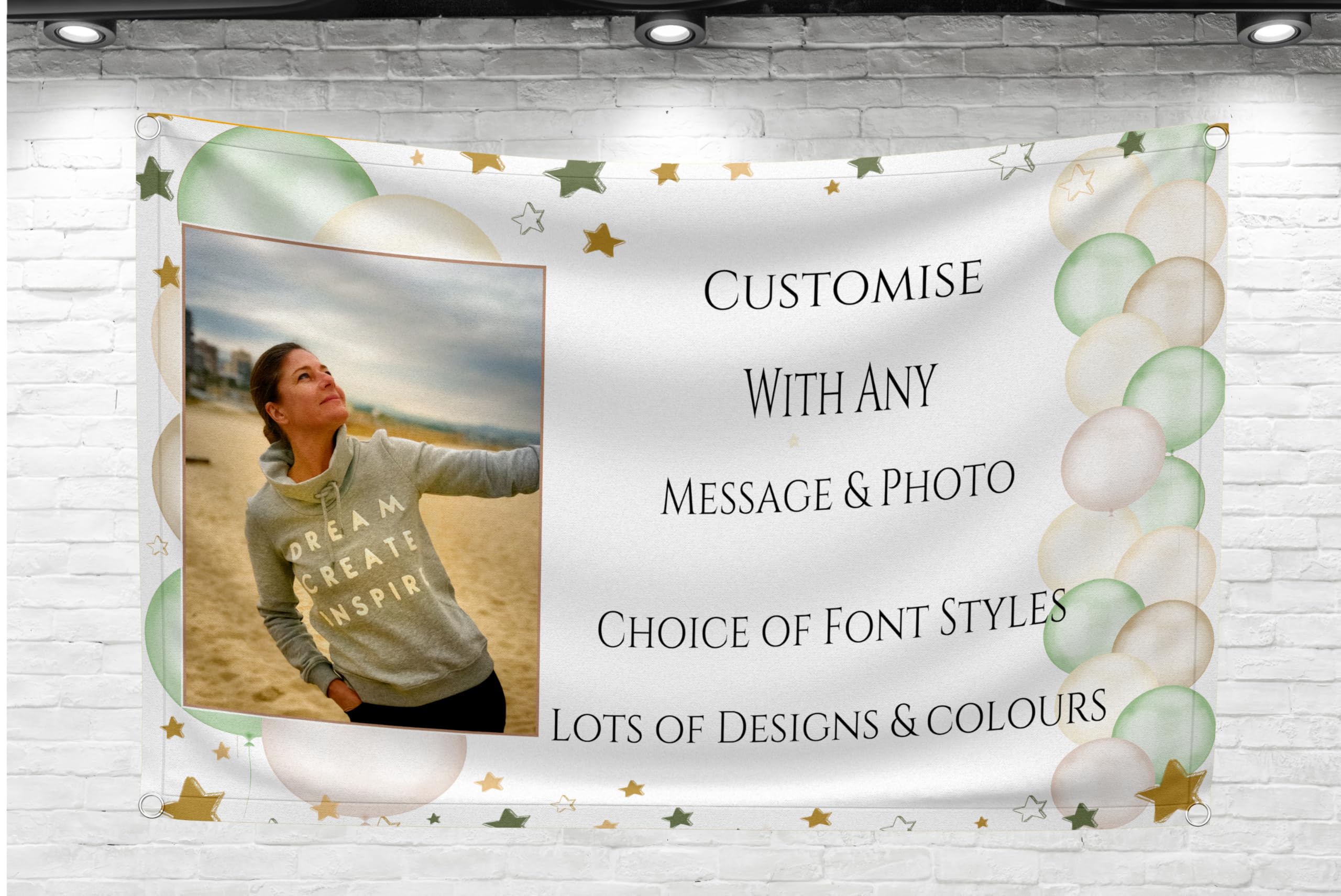 Large 5ft Personalised Banner Backdrop with Photo Any Occasion Happy Birthday Any Name Age 13th 18th 21st 30th 40th for men or women Baby Shower Hen Party Engagament (Sage Green & Gold, with PHOTO)