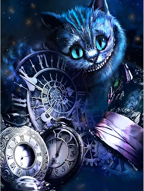 AIRDEA Cat Diamond Painting Kits for Adults Kids, DIY Clock Diamond Painting Kits 5D Round Full Drill Animals Diamond Art Cheshire Cat Kits Paint by Diamonds Cat Gem Art Painting 11.8x15.7inch