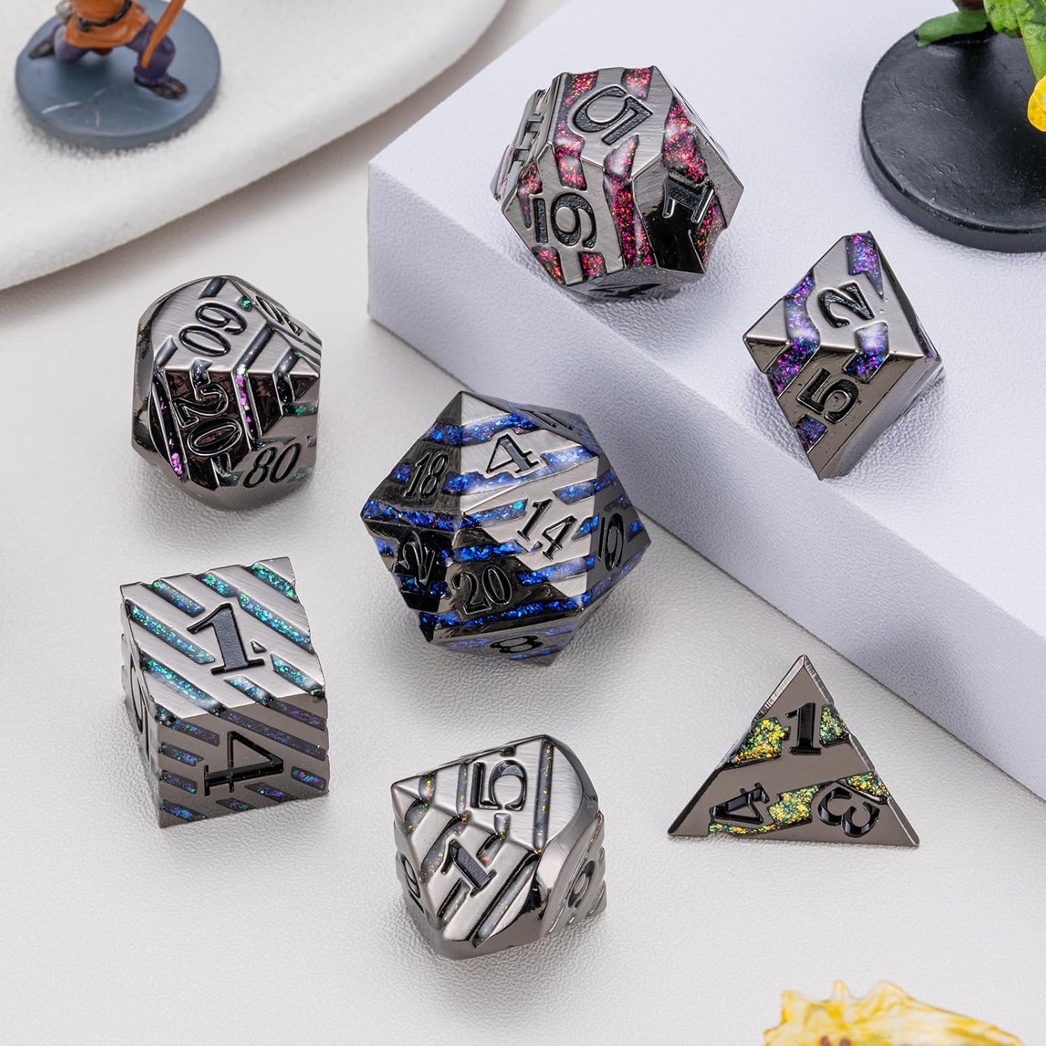 Inlay Metal Dice Set 7pcs, Luxury DND Dice with Decorative Inlay, Heavy Zinc Alloy RPG Dice for Tabletop Games