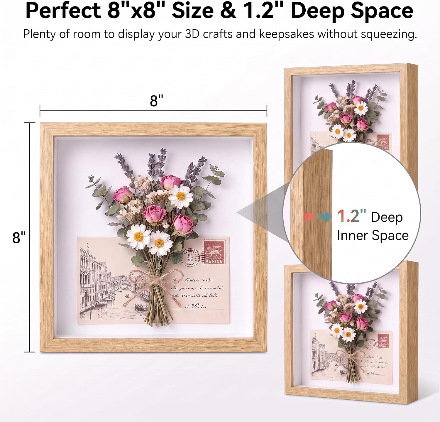 4 Pack Shadow Box Frame Display Cases, 8"x 8"Shadow Box Picture Frame 1.2in Wood Deep Black Handicrafts Shadowbox for Flowers Jersey Wedding (Burlywood)