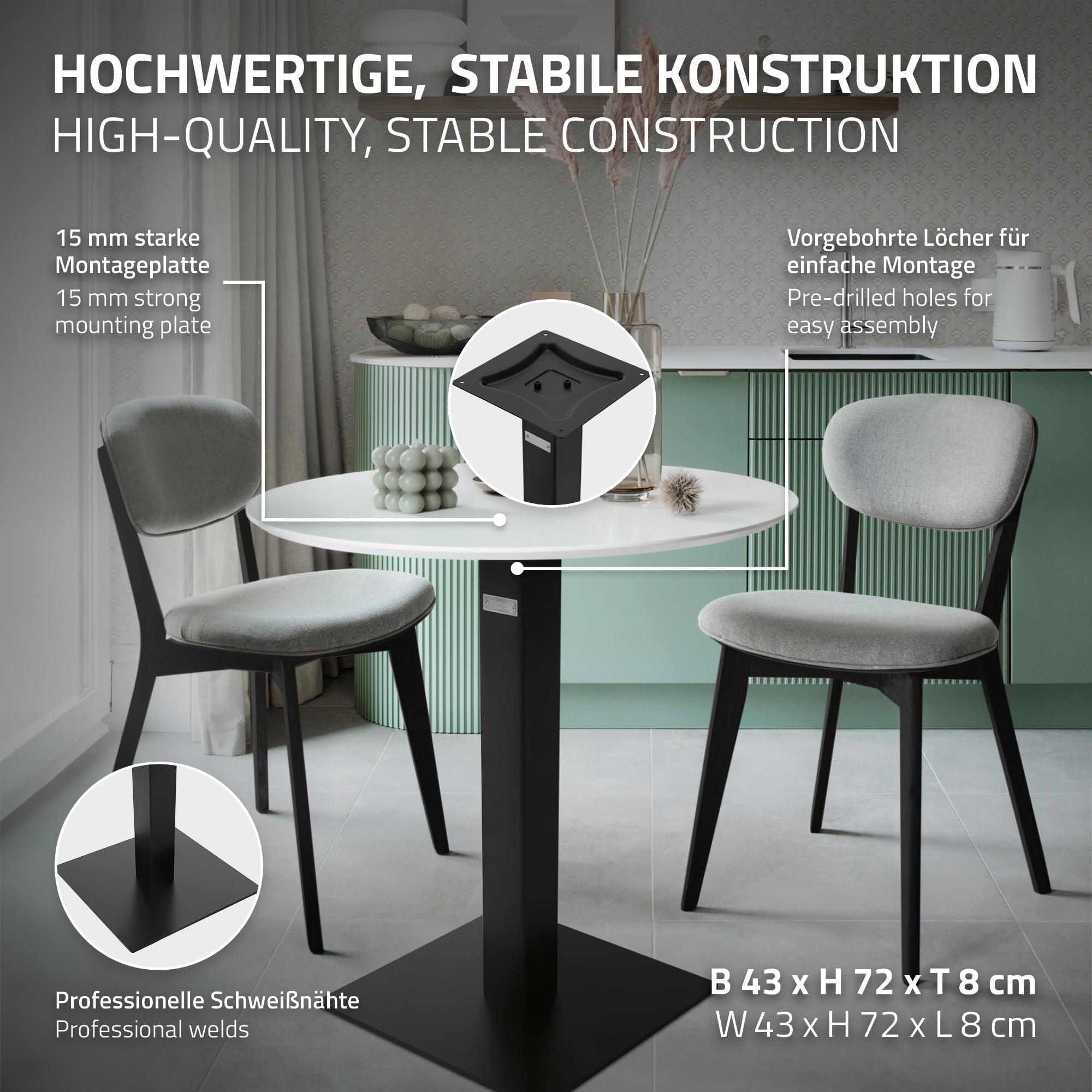 ML-Design Base per Tavolo Piedistallo Altezza 72 cm Telaio in Acciaio Verniciato a Polvere Nero con Piastra di Base Quadrata 43 x 43 cm Struttura per Interni ed Esterni