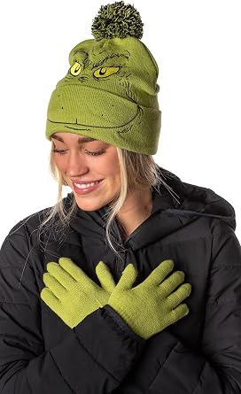 Dr. Seuss The Grinch Who Stole Christmas Embroidered Pom Beanie and Glove Set Green