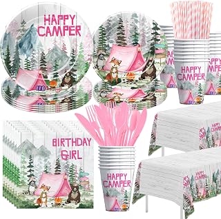 YJRJSC Camping Birthday Party Supplies Girl - Happy Camper Birthday Decorations Tableware, Paper Plate, Cup, Napkin, Tablecloth, Cutlery, Camping Theme Adventure Birthday Table Decorations | Serve 24