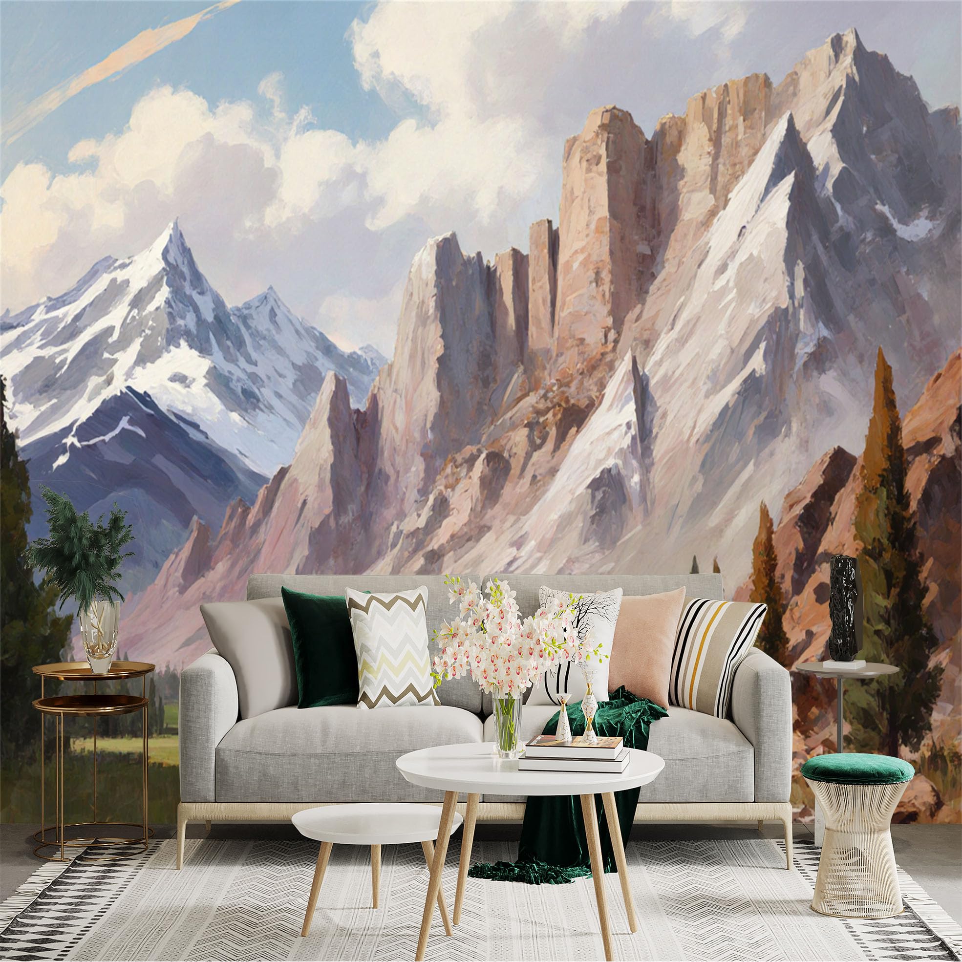 Lnzczhyre Xc260505146 Custom Size Wall Sticker Mural， Oil Painting Of Majestic Rocky Mountains， Snowy Peaks And Meadow Scenery， For Wall Decoration， Peelandstick Wall Decals.