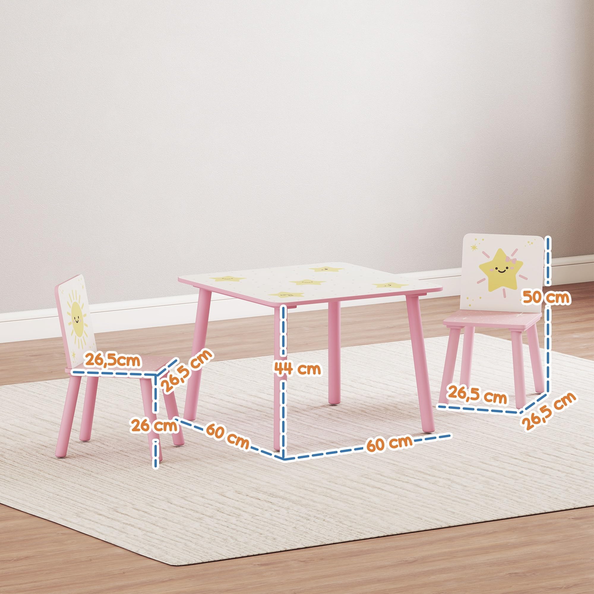 AIYAPLAY Mesa y Sillas Infantiles de 3 Piezas, Mesa Infantil con 2 Sillas de Madera de Pino, Juego de Muebles con Dibujos de Estrella para niños de +3 Años, para Dormitorio, Sala de Juegos, Rosa