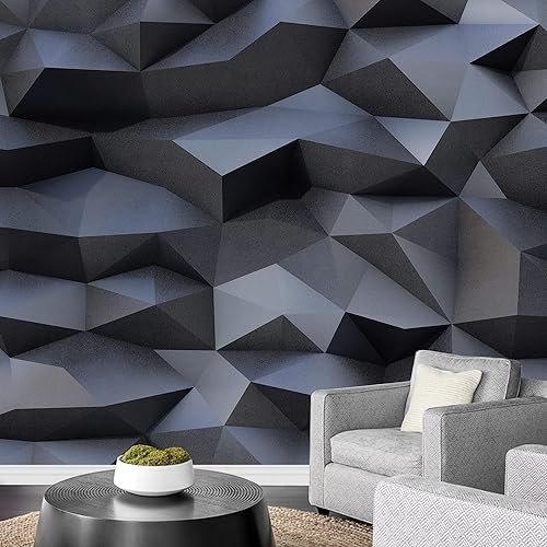 SIGNFORD Adhesivo mural removible para pared, diseño geométrico de polígono negro 3D, formas abstractas, arte digital, minimalista, decorativo,