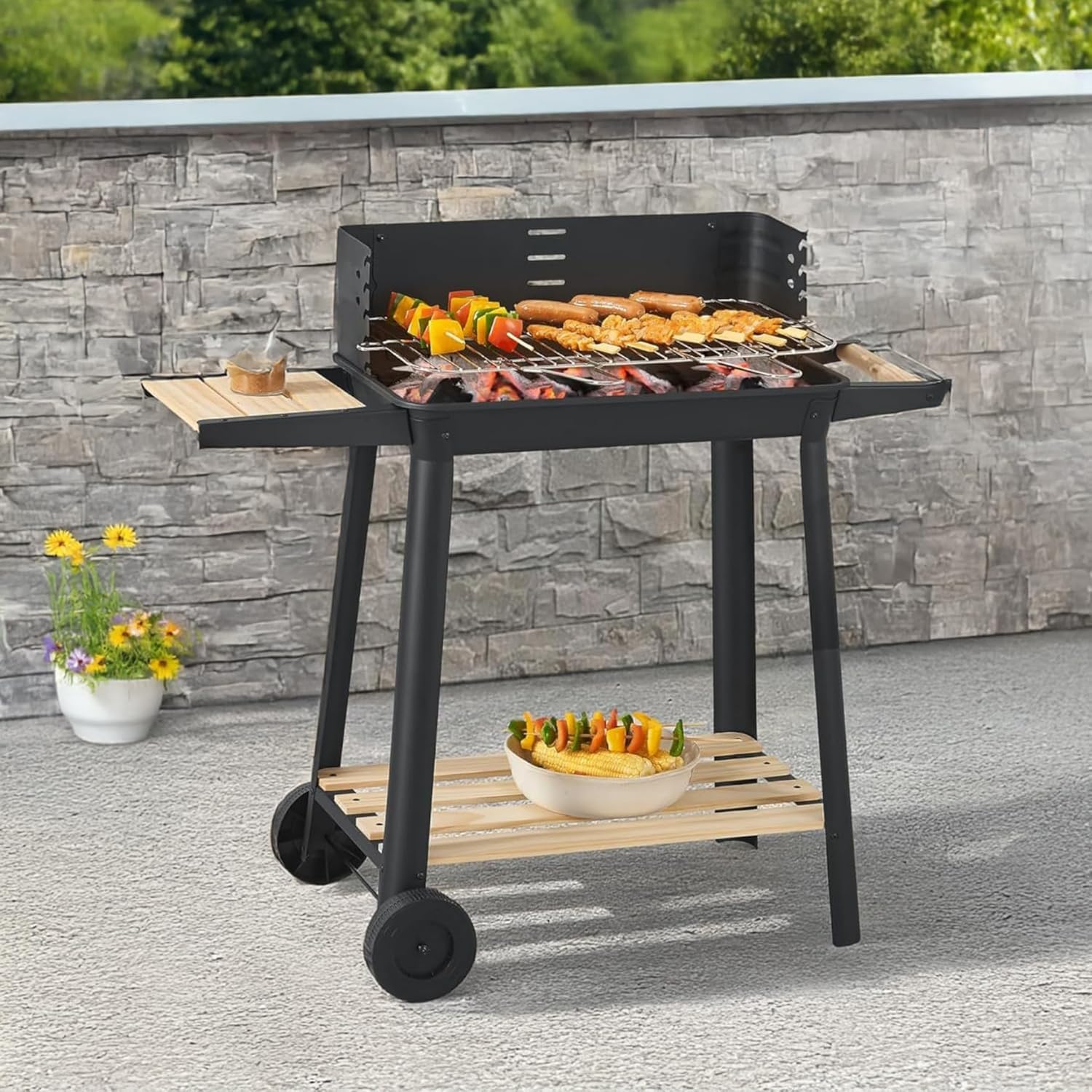 Garden Mile Parrilla de carbón con altura ajustable, carrito portátil para barbacoa con recogedor de cenizas y ruedas para cocinar al aire libre, jardín, fiesta, color negro