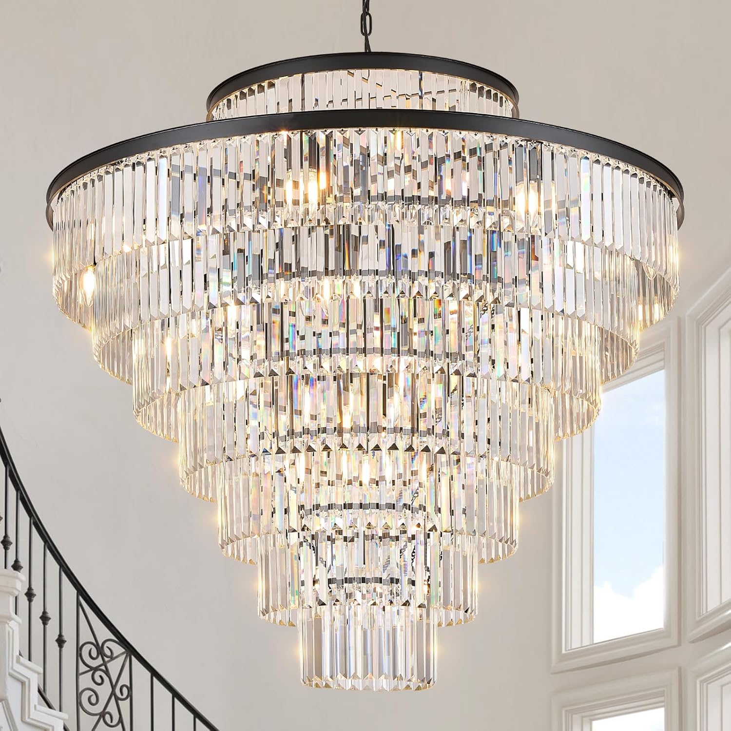 43.3" Large Crystal Chandeliers 28 Lights Black Modern Chandelier for Foyer Staircase High Ceiling 8 Tiers Round K9 Ceiling Pendant Lighting Fixture Luxury for Lobby Living Room Black Extra Large-43.3”