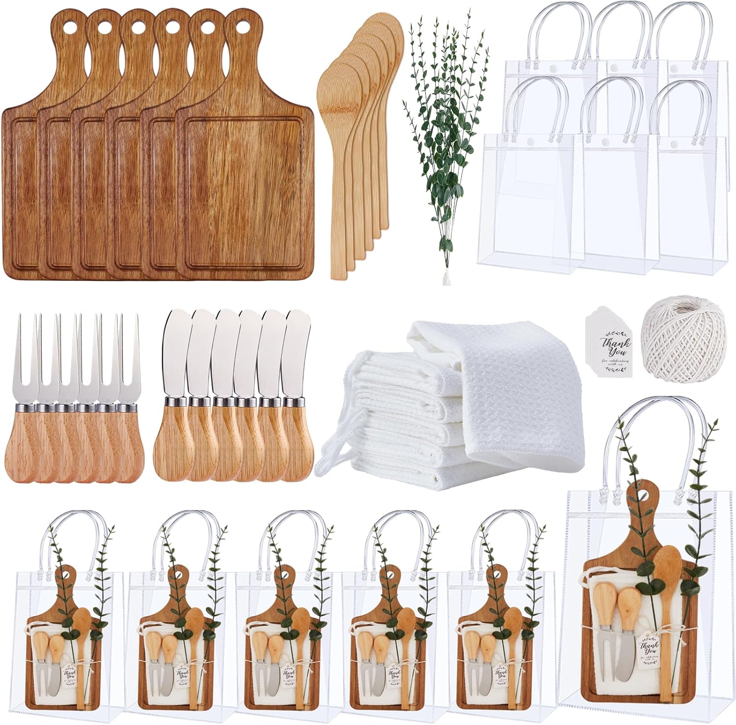 Baby Shower Prizes for Game Winners Bamboo Cheese Board Spoon Fork Butter Spreaders Plaid Towel Thank You Card and Gift Bags for Baby Shower Wedding Bridal Shower Favors (Acacia, 6 Sets)