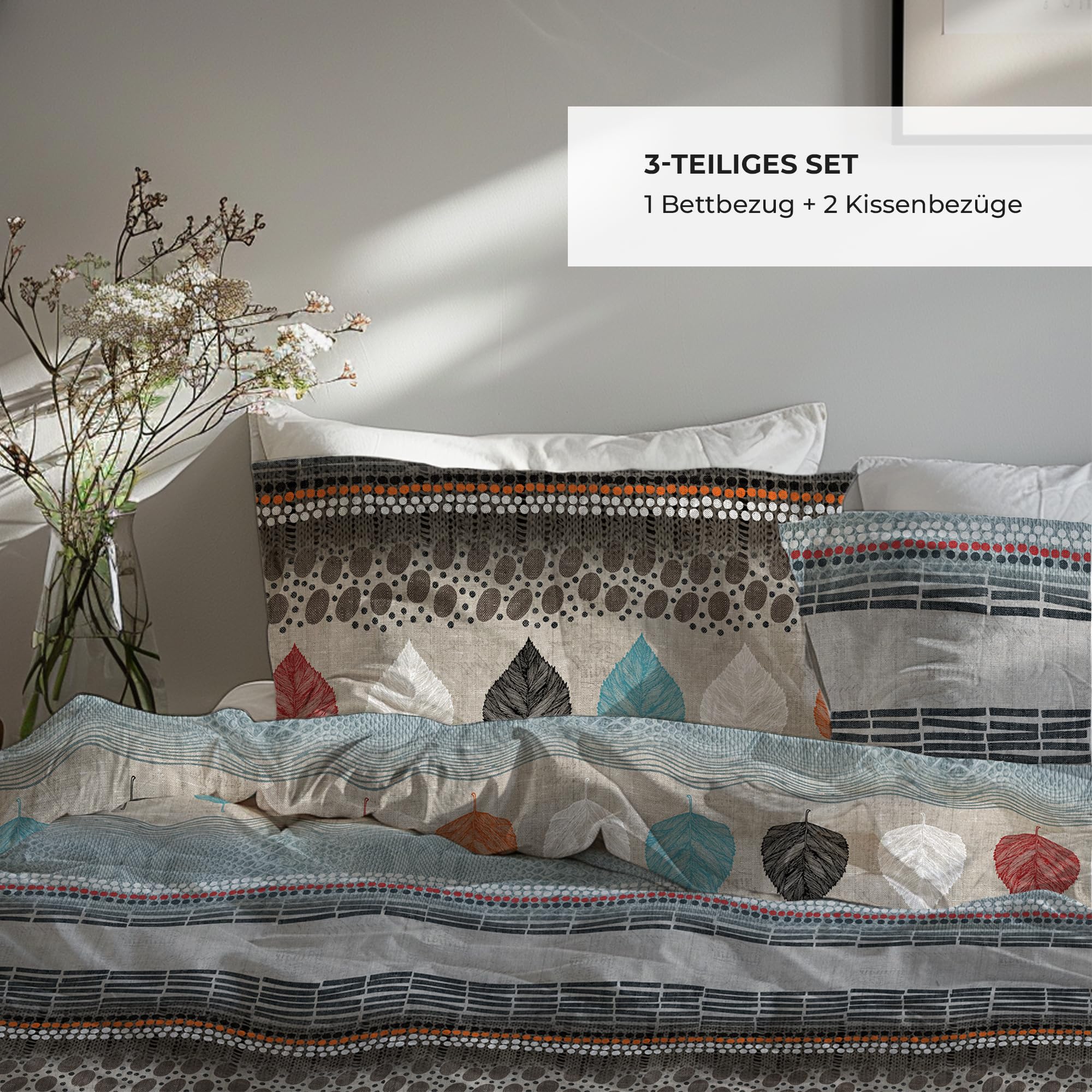 Biancheria da letto di alta qualità, 200 x 200 cm, 100% cotone traspirante con chiusura lampo, renforcé, marrone, blu, beige, 3 pezzi, copripiumino 200 x 200 cm + 2 federe 80 x 80 cm