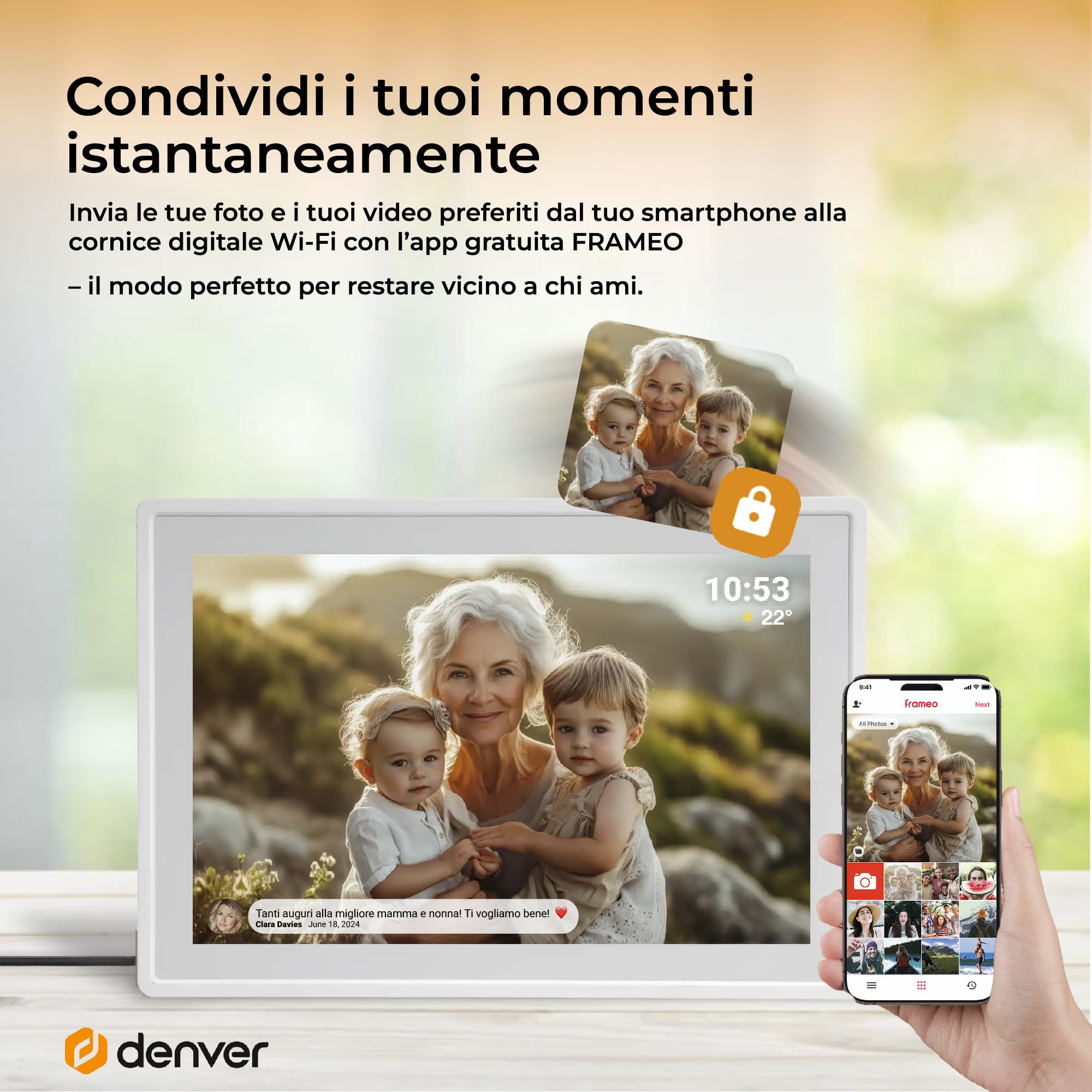 Cornice Digitale 10 Pollici WiFi – Schermo IPS HD 1280x800 – Portafoto Digitale Frameo Denver per Foto e Video – Cornice Elettronica Touchscreen Smart – 16GB Memoria – Slot microSD – Bianca