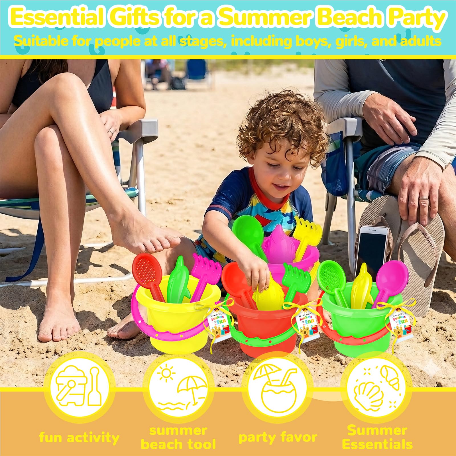 Lot de 121 seaux à sable en vrac pour étudiants - Pelles, râteau, cartes, ruban - Mini ensemble de jeux de plage pour l'été, l'extérieur, la plage, les fêtes d'anniversaire
