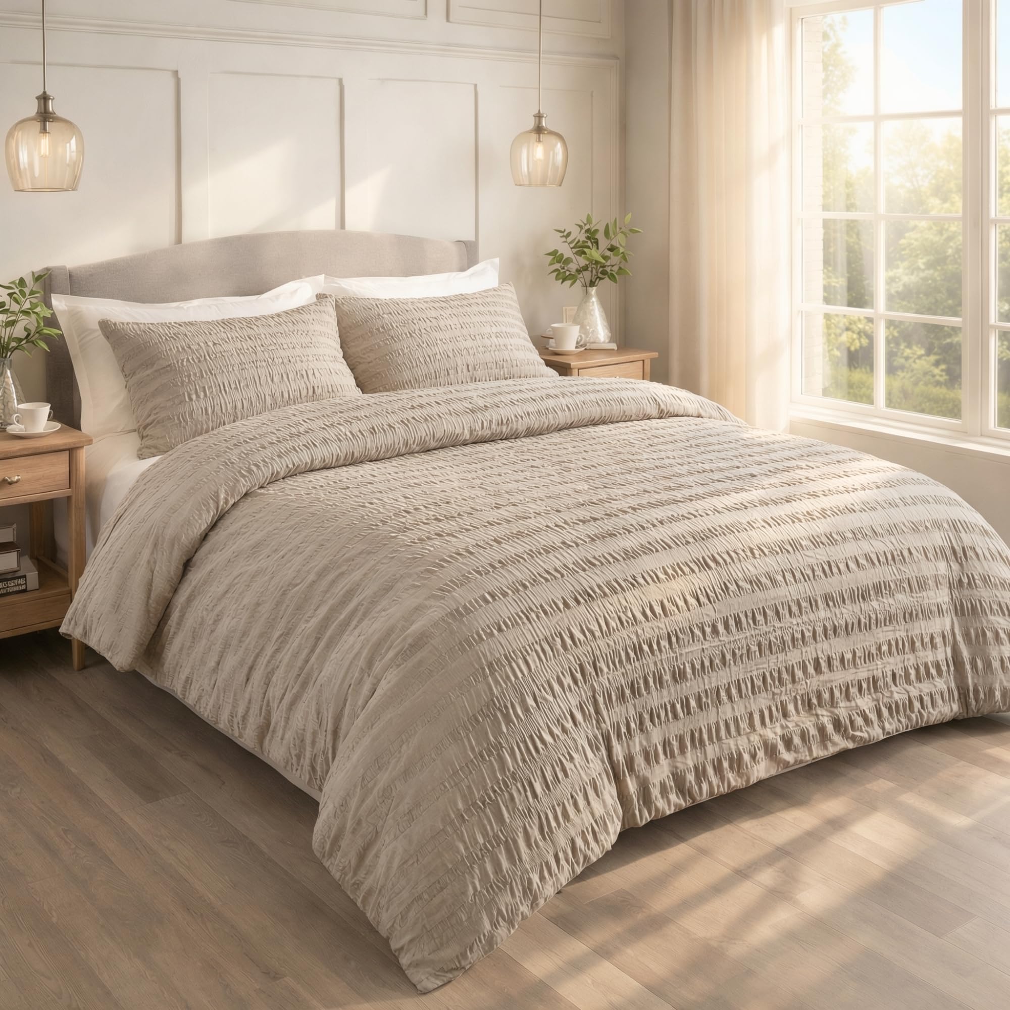 Seersucker Single Duvet Cover Set Silver with Pillowcase, Ultra Soft Brushed Microfiber Bedding Set, Breathable, Easy Care, Machine Washable Quilt Cover, Wrinkle Resistant