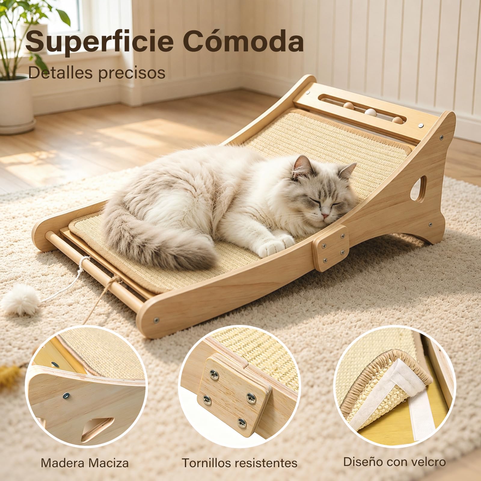 DONWEI Rascador para Gatos Sisal, Curvo Apto Pared y Esquina Todo Felinos | Torre Ergonómica 60° Doble Uso, Base Haya Maciza, Rascador Sisal Denso Reemplazable, 3 Juguetes Para Gatos Grandes, 65CM