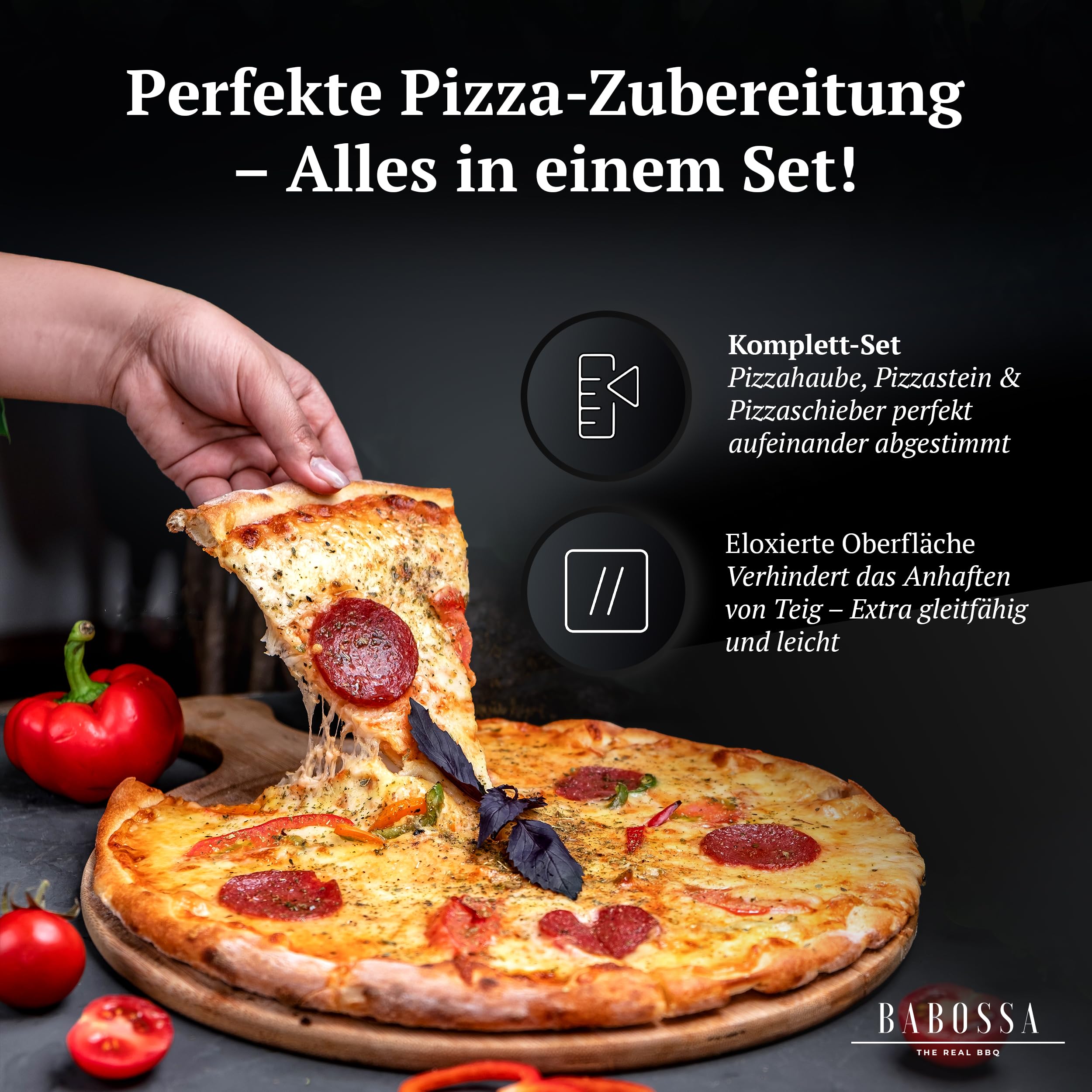 BABOSSA Pizzaset für den Grill – Komplettlösung mit Pizzastein, Pizzaschieber & Haube – alles für Pizza vom Grill wie beim Italiener – passt auf Gasgrill, Holzkohlegrill & viele Modelle