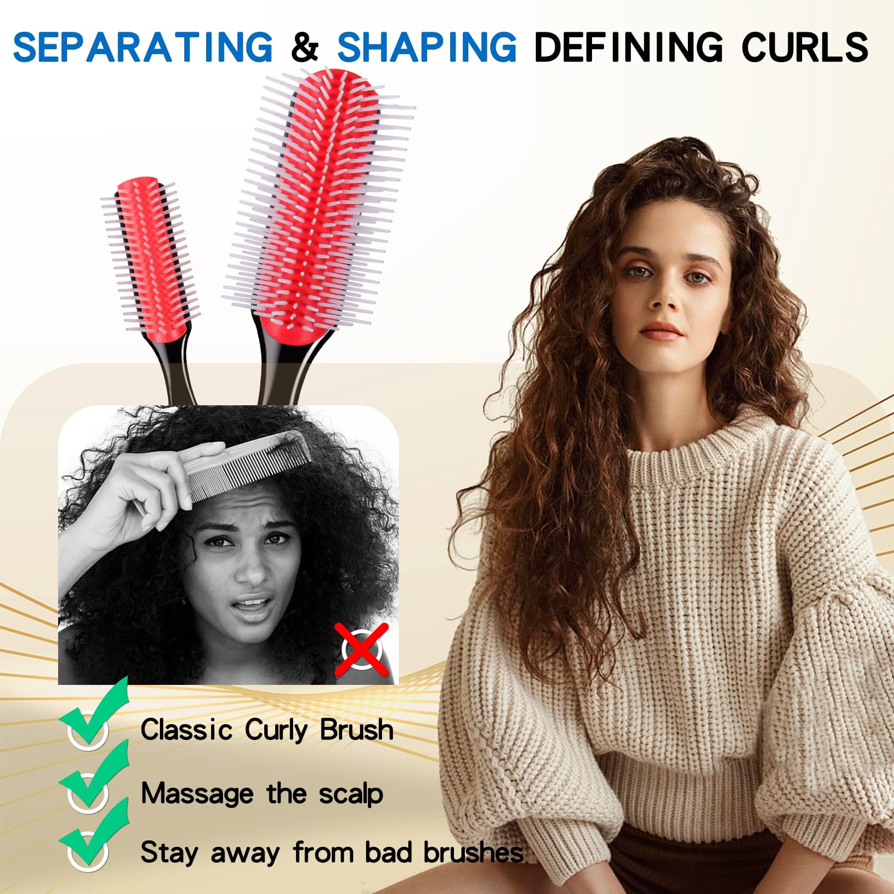 2 cepillos de pelo para mujeres y hombres, cabello rizado, húmedo o seco, 9 filas, 5 filas, cepillos de estilo clásico para cabello grueso natural, separación de soplado, definición, desenredar