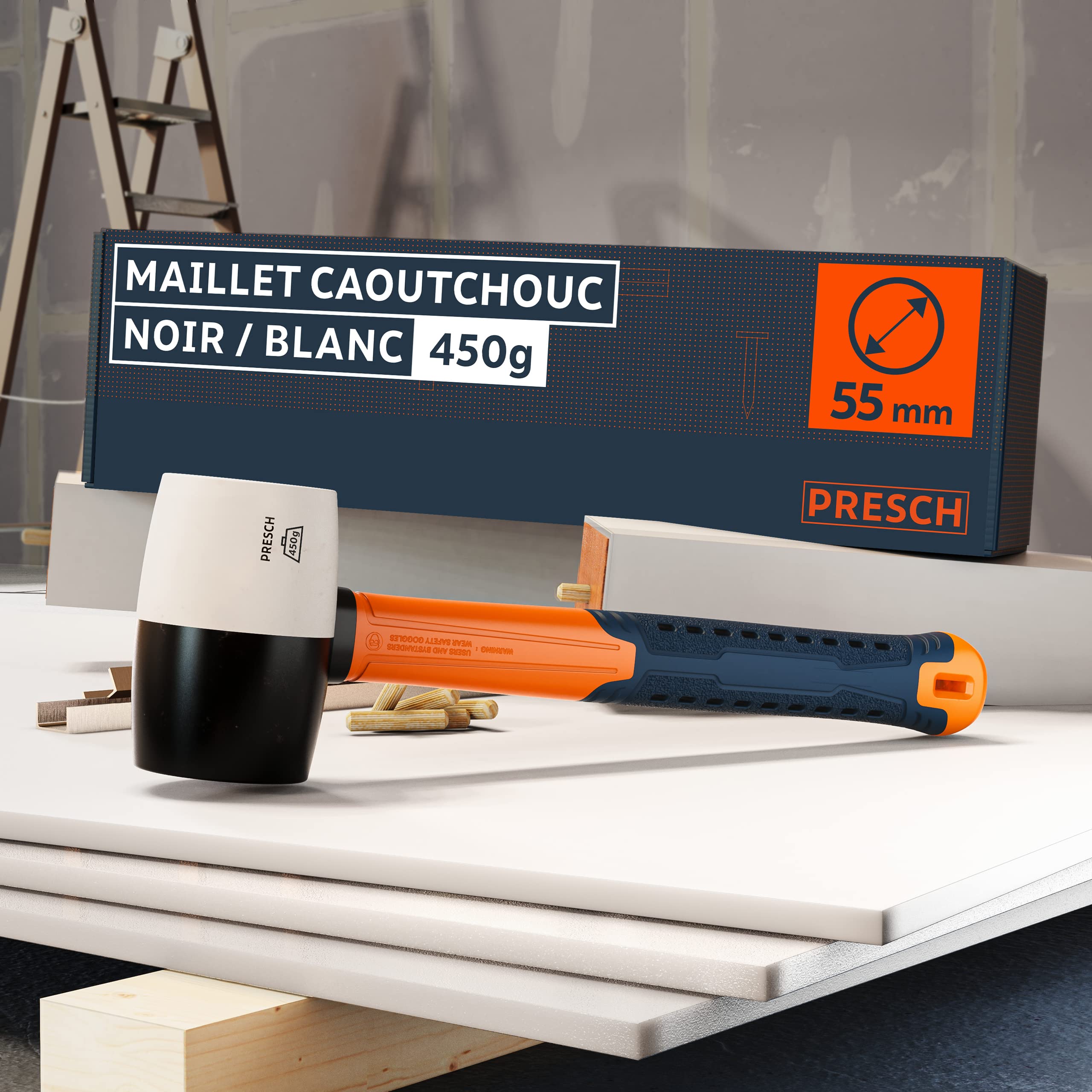 Presch Maillet caoutchouc noir/blanc 450g - Maillet caoutchouc avec manche en fibre de verre | ⌀=55mm - Marteau polyvalent à deux faces
