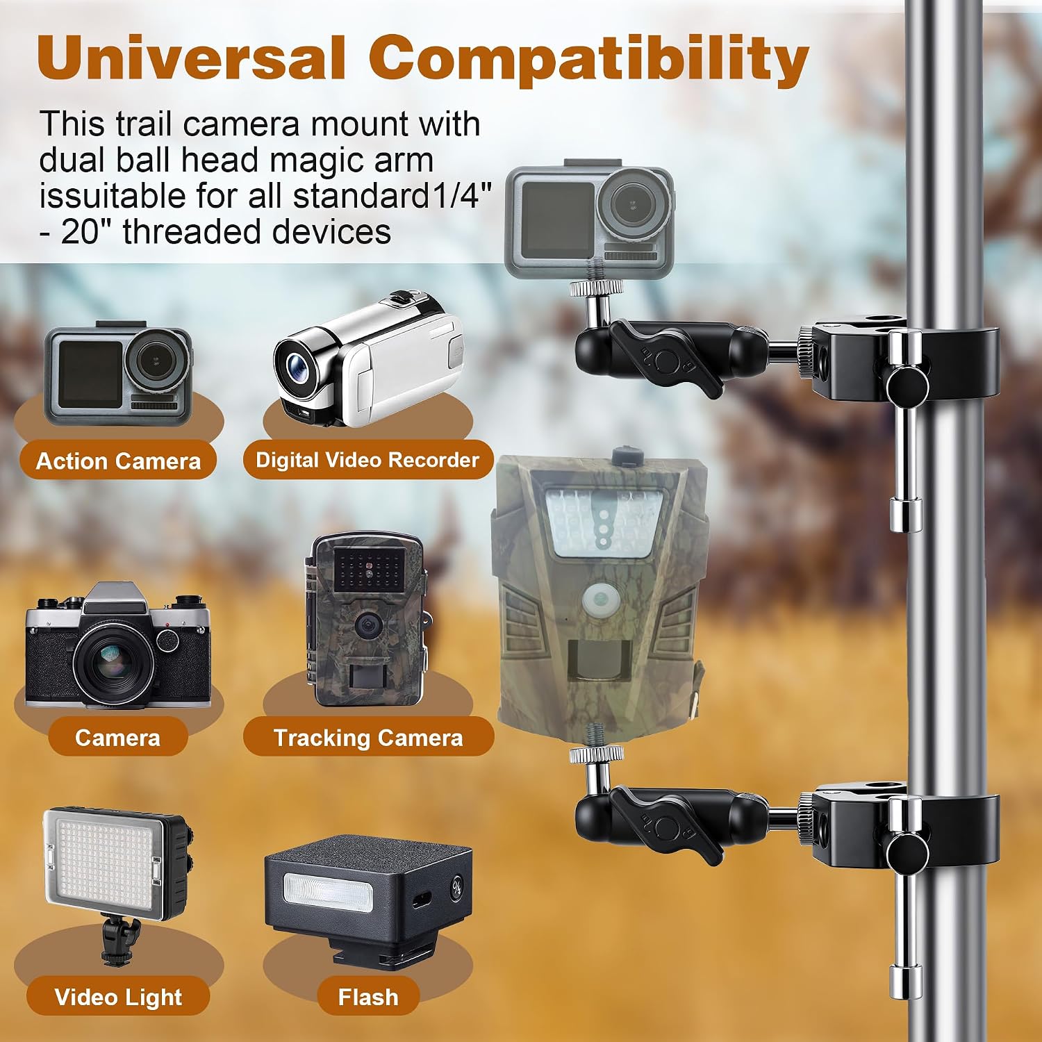 2PCS T Post Trail Camera Mounts, Dual Ball Head Magic Arm | Trail Camera Mounting Bracket for Hunting, Adjustable Trailcam Holder, 360° Flexible Adjustment, Easy Installation