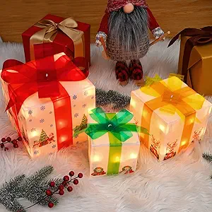 Christmas Decorations Lighted Gift Boxes, Set of 3 Gift Boxes (Large, Medium, Small) with 50 Mini Lights for Indoor Outdoor Christmas Tree Home Party Decor (Cartoon Theme)