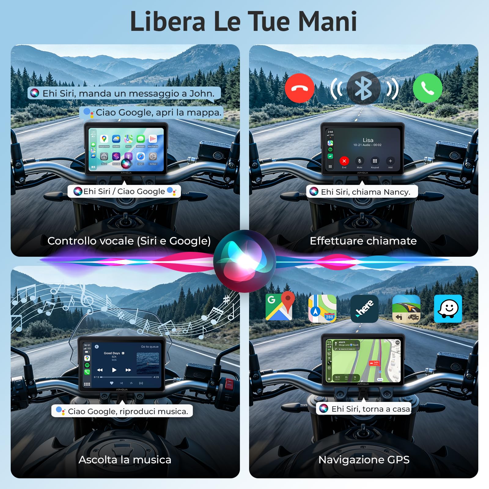 Moto Carplay Display 7 Pollici Impermeabile Touch Screen Sistema di Controllo della Pressione Pneumatici (TPMS), CarPlay Wireless e Android Auto per Moto, Dual Bluetooth, Navigazione GPS