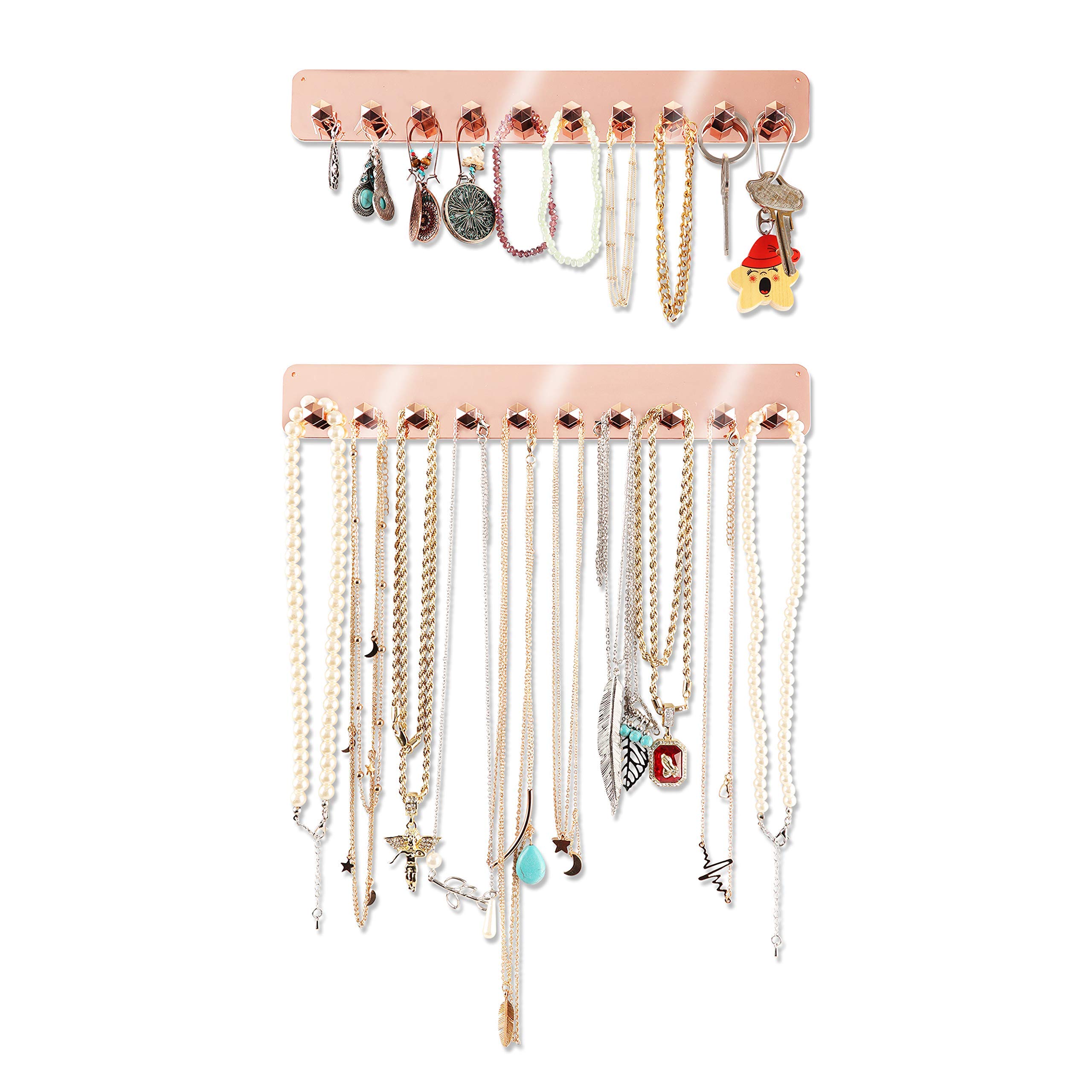 Boxy Concepts Necklace Holder - Easy-Install 10.5"x1.5" Jewelry Organizer Wall Mount with 10 Hooks - Beautiful Jewelry Hanger for Necklaces, Bracelets and Earrings - Rose Gold Necklace Hanger (2 Pack