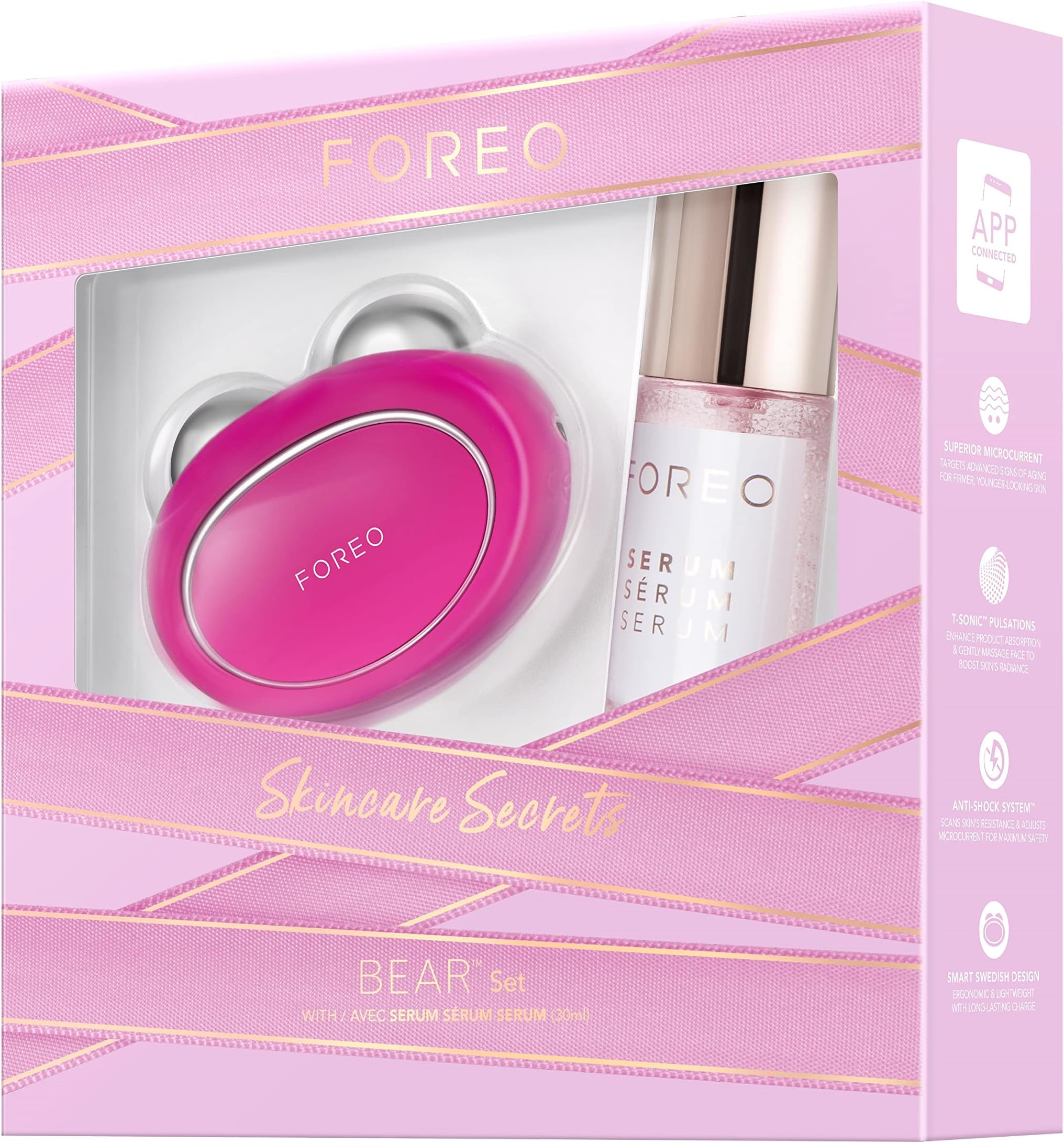 FOREO Skincare Secrets Gift Set: BEAR Smart Microcurrent Facial Toning Device for Instant Full-Face Firming + SERUM SERUM SERUM 1.0 oz Micro-Capsule Youth Preserve, Squalane, Sodium Hyaluronate & HA