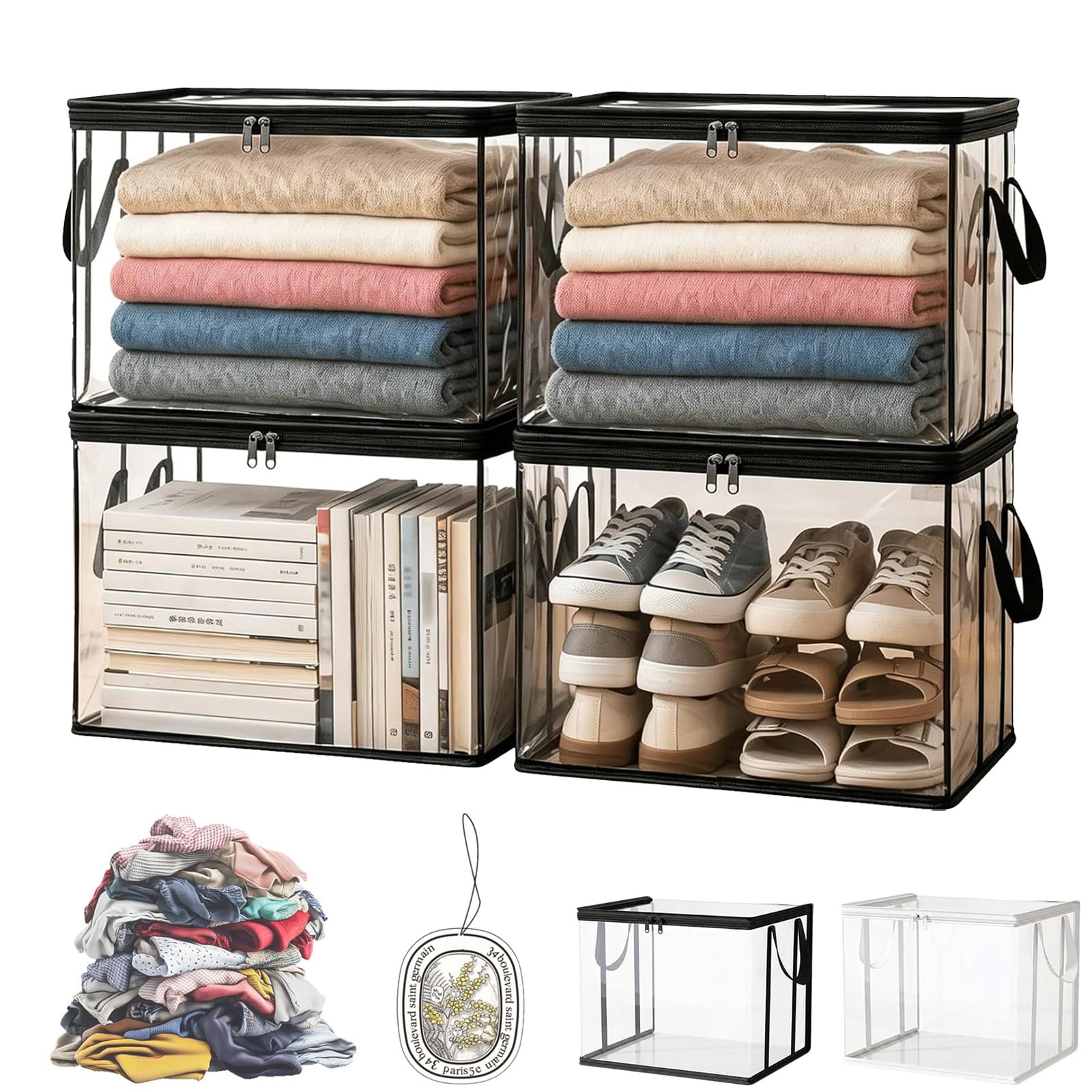 Qosneoun Children's Doll Storage Bucket, Large Heavy Duty Thick Plastic Clear Storage Bags, 24 Gallon PVC Transparent Storage Box, Foldable Closet Organizer Bins with Handles (Black,M)